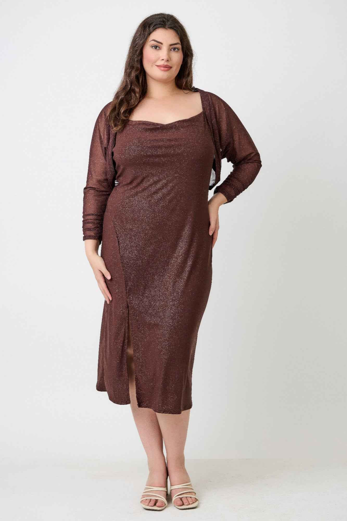 Plus Shimmer Midi Dress With Front Slit Dress Only