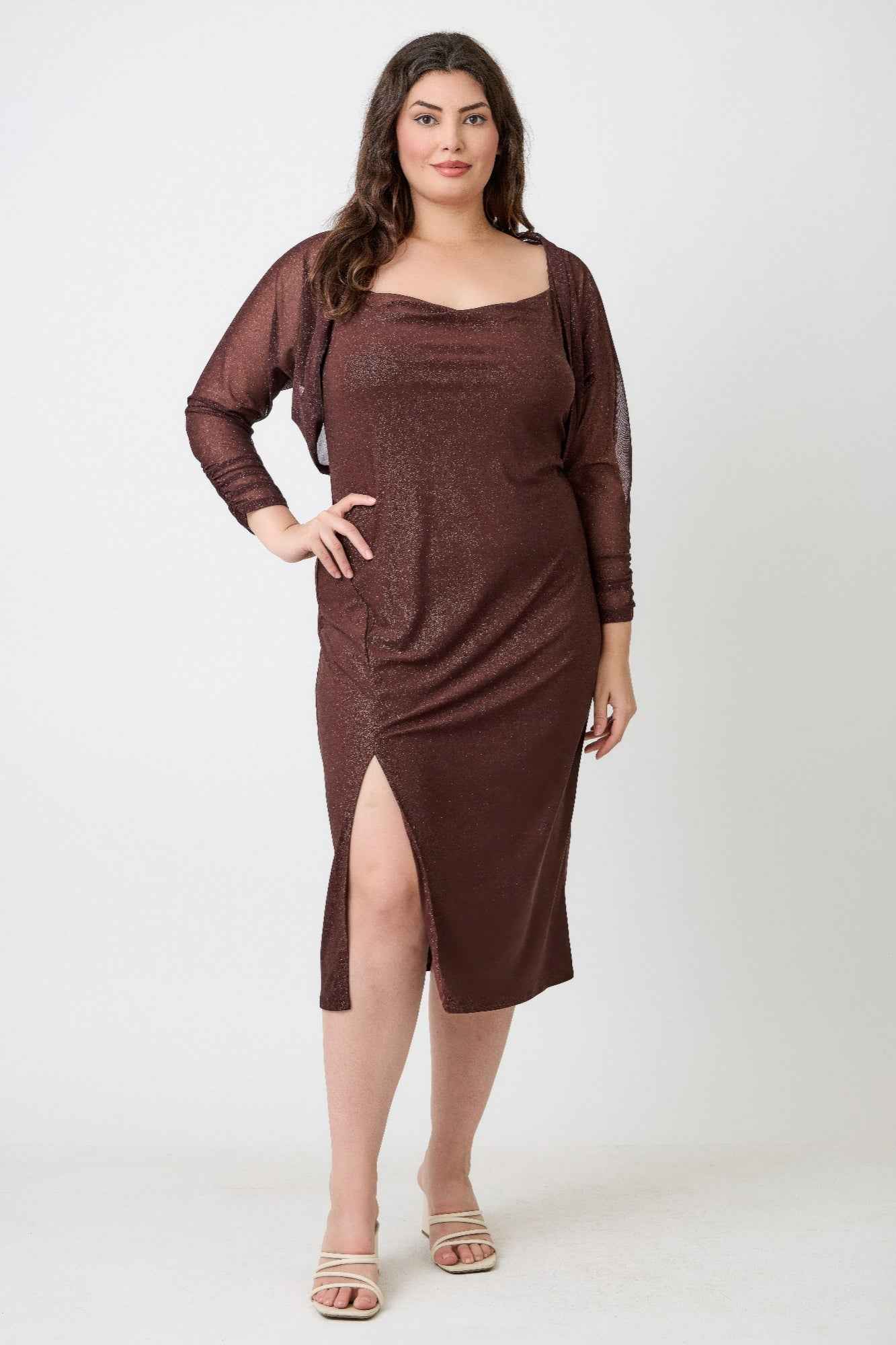Plus Shimmer Midi Dress With Front Slit Dress Only