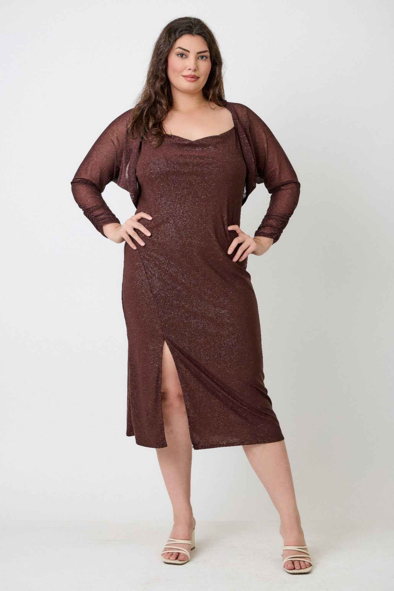 Plus Shimmer Midi Dress With Front Slit Dress Only