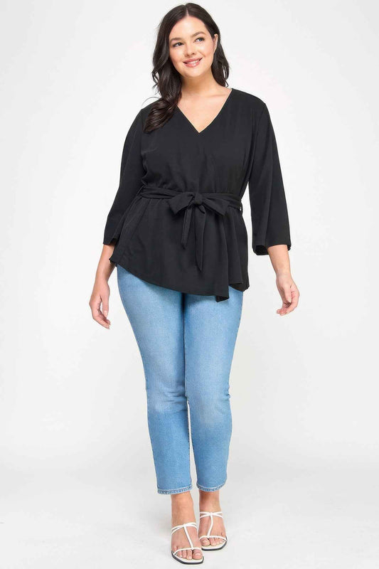 Plus Size Black Wrap Tie-waist Jacket