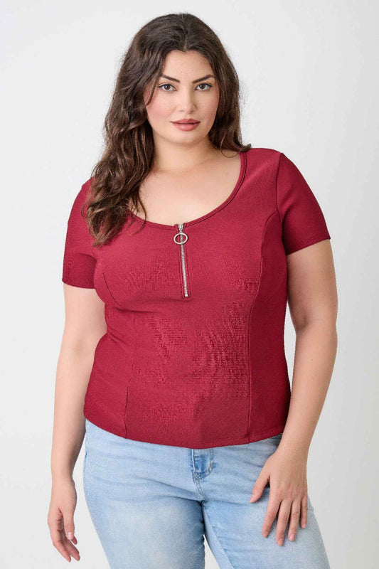 Plus Size Zip Front Fitted Stretch Top