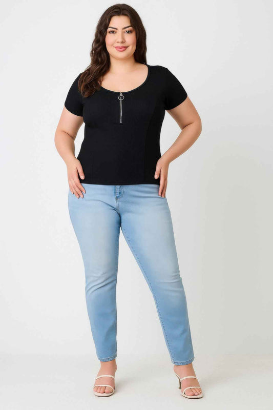 Plus Size Zip Front Fitted Stretch Top