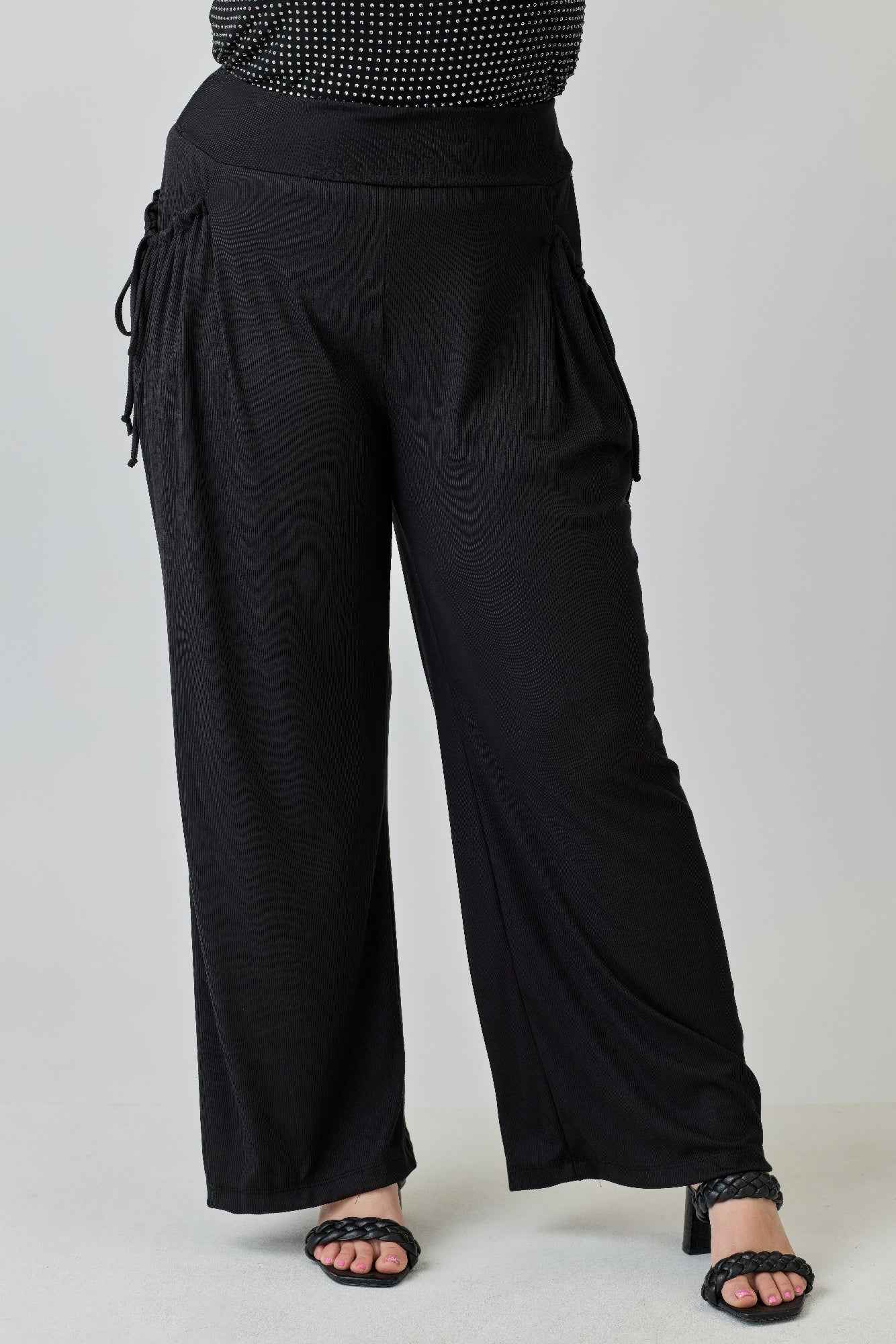 Plus Size Wide-leg Pants W Side Drawstring Detail