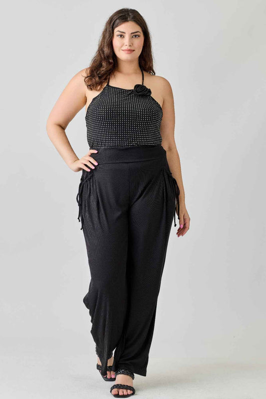 Plus Size Wide-leg Pants W Side Drawstring Detail