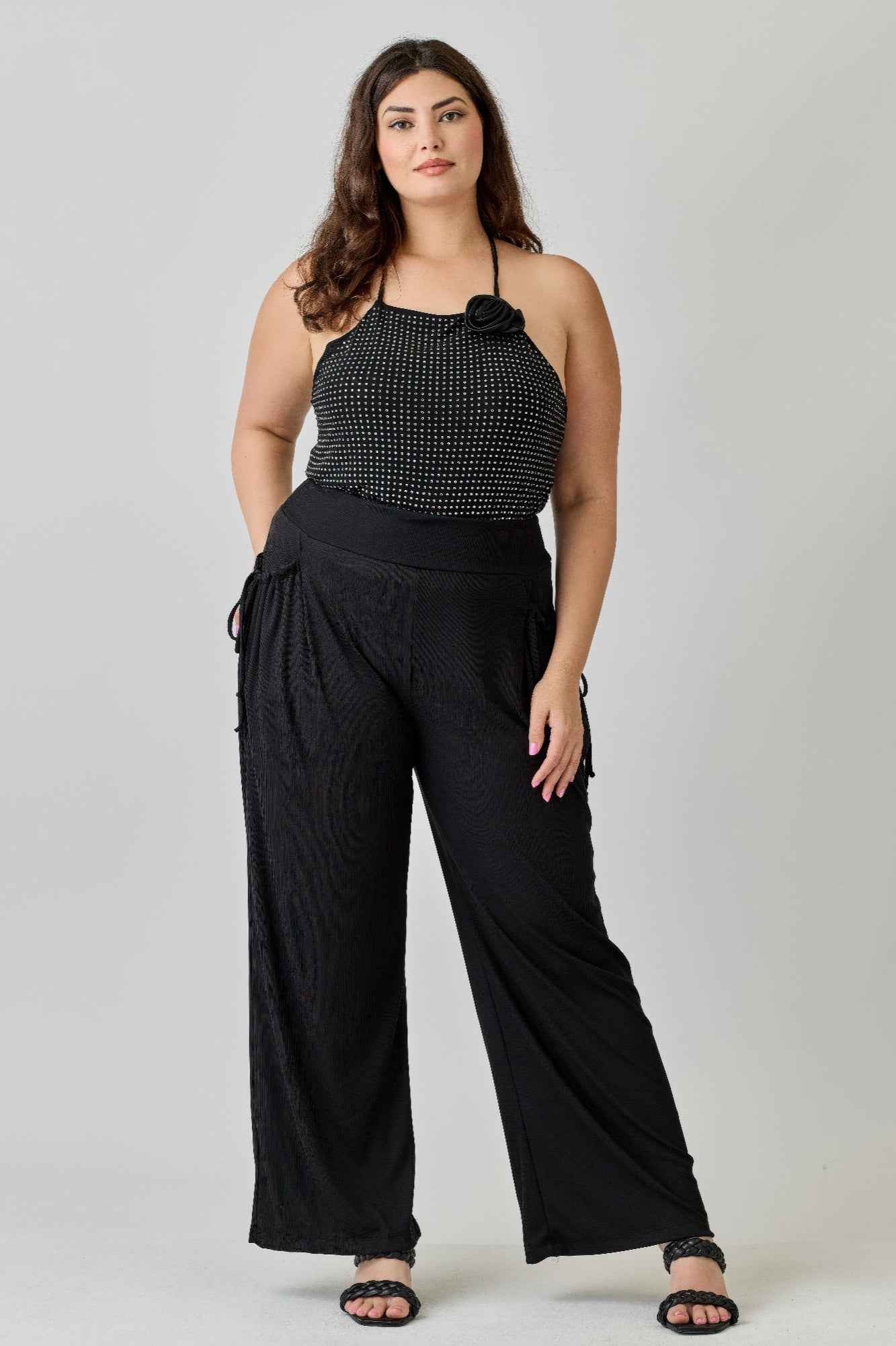 Plus Size Wide-leg Pants W Side Drawstring Detail