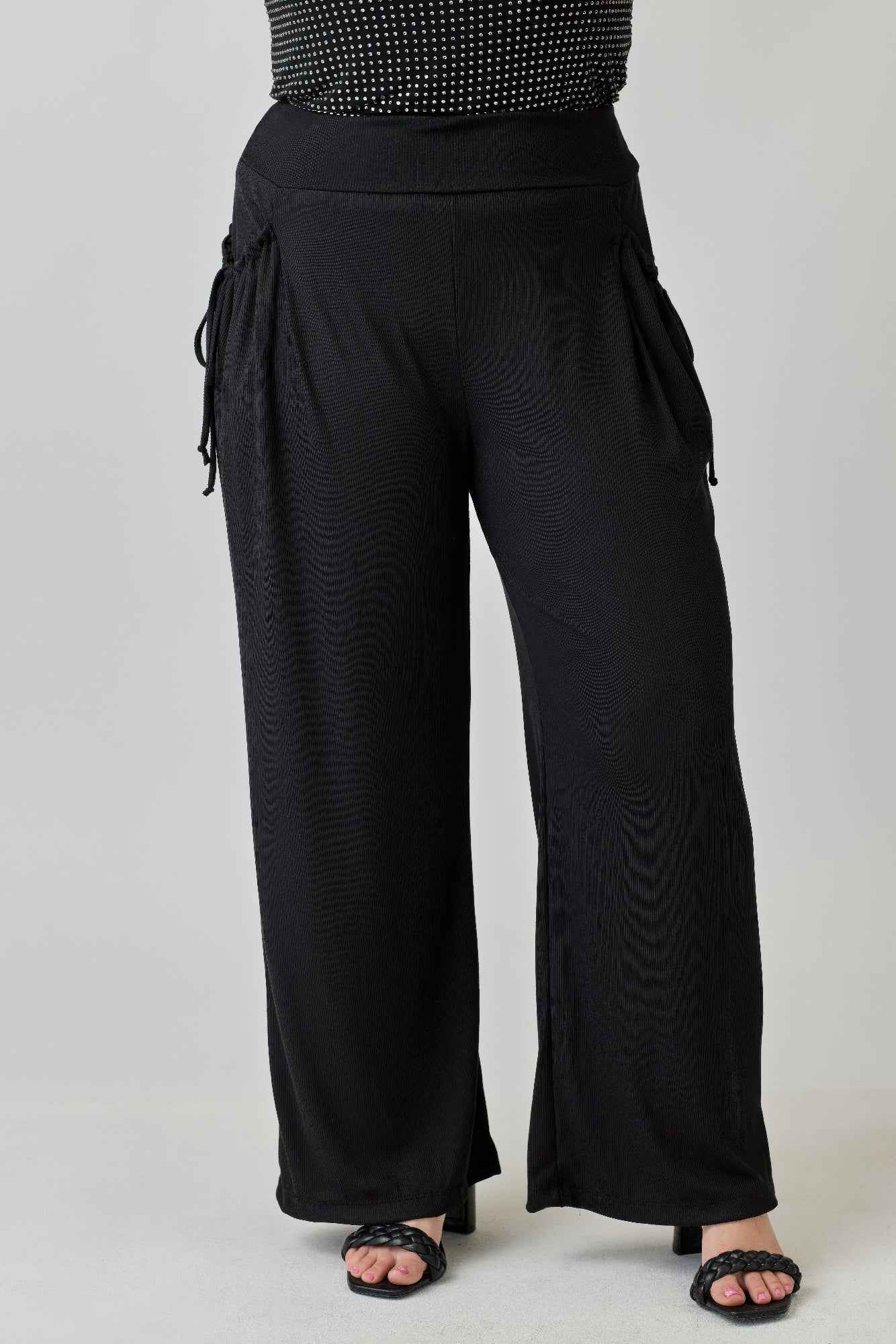 Plus Size Wide-leg Pants W Side Drawstring Detail