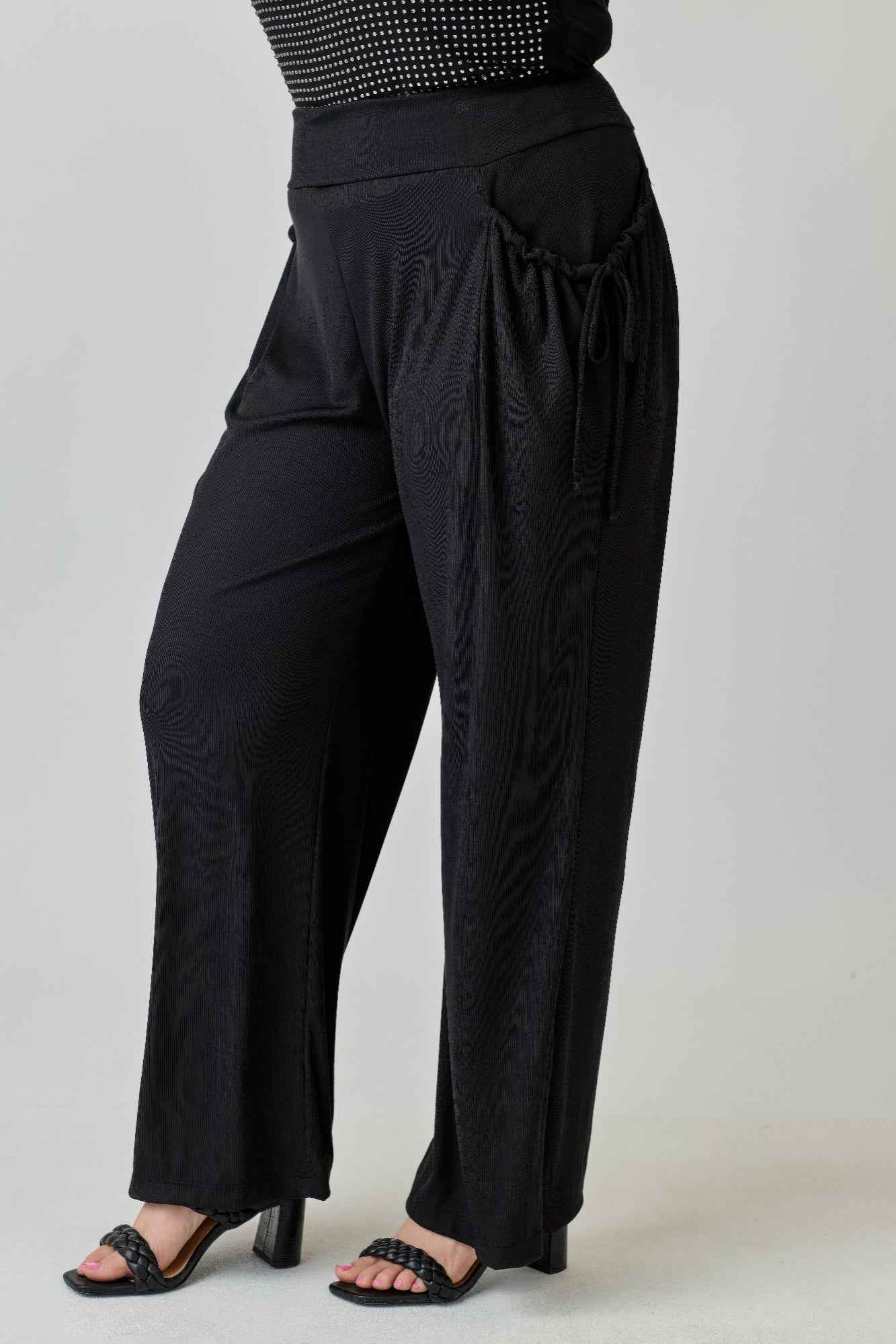 Plus Size Wide-leg Pants W Side Drawstring Detail