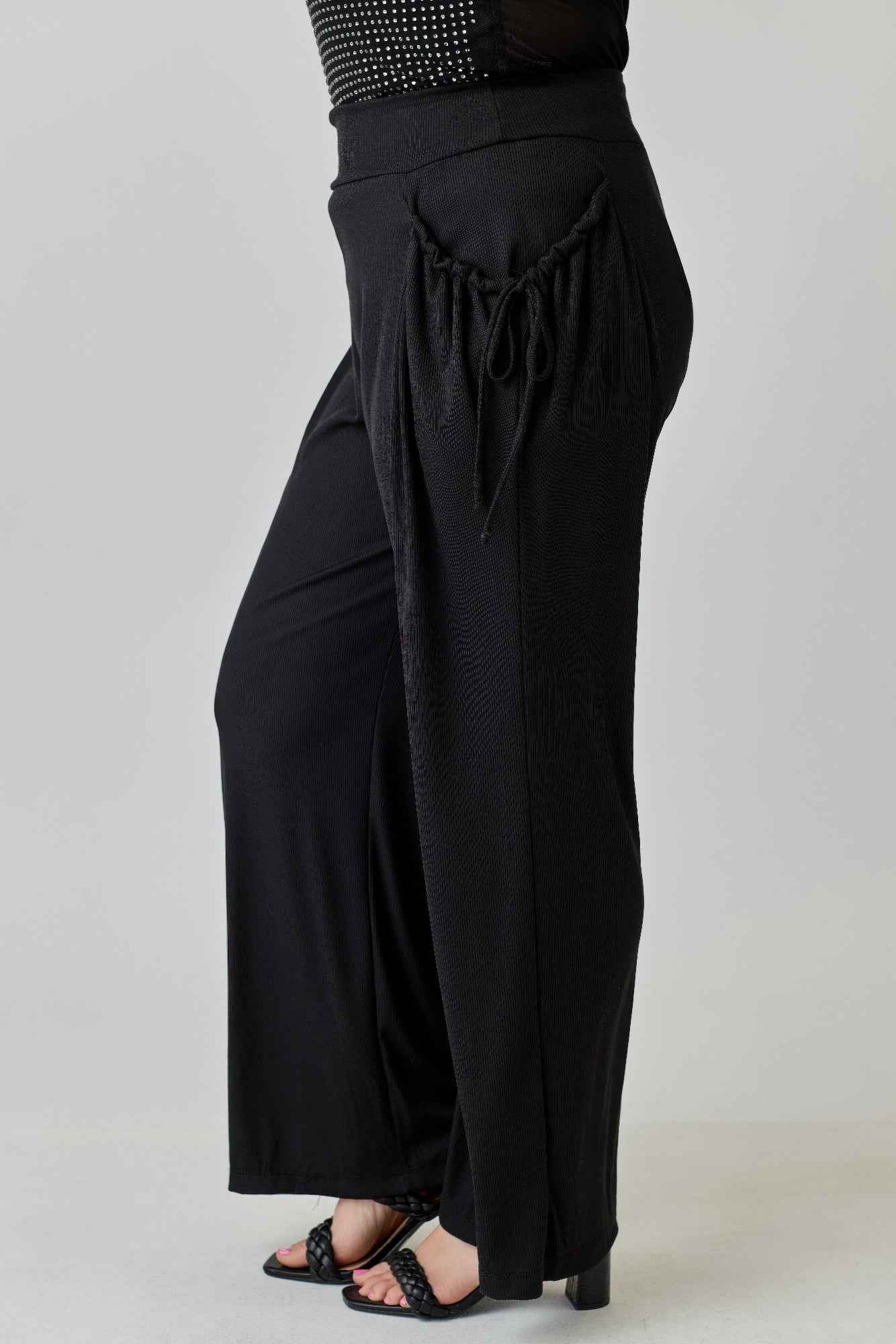 Plus Size Wide-leg Pants W Side Drawstring Detail