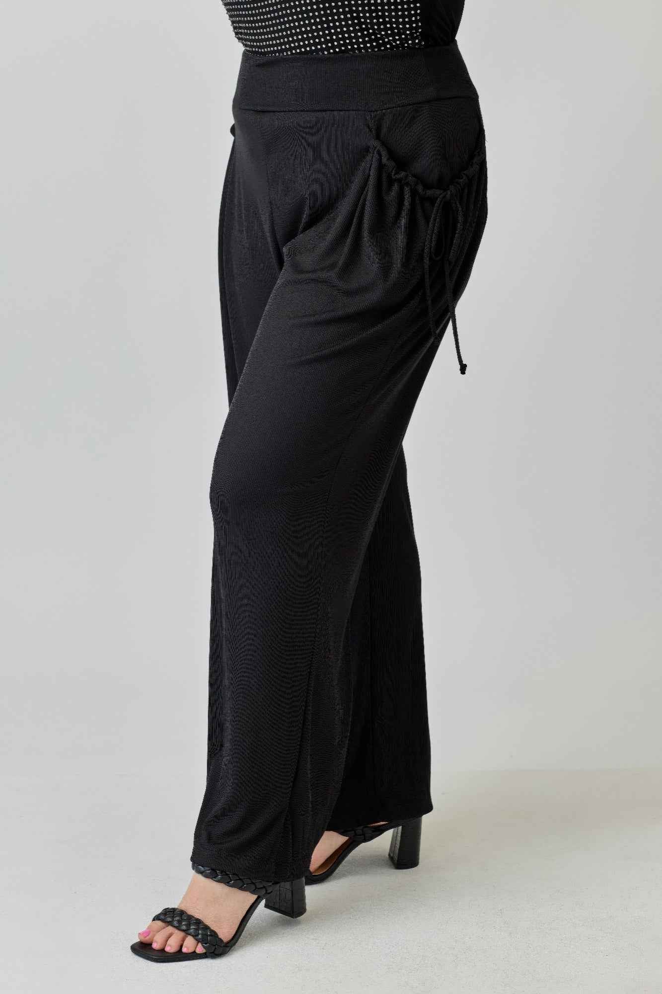 Plus Size Wide-leg Pants W Side Drawstring Detail