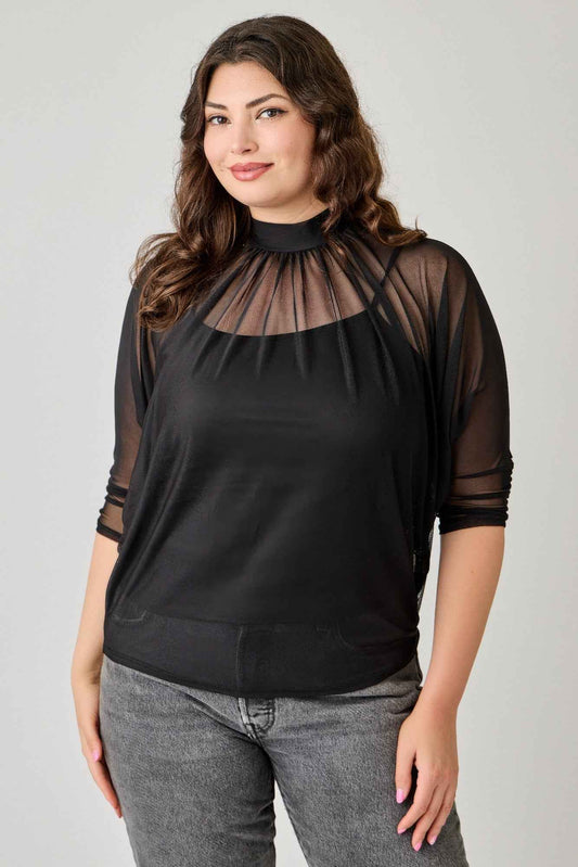 Plus Size Draped Mesh Top With Tank