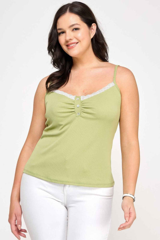Plus Size Ribbed Knit Camisole With Lace Trim