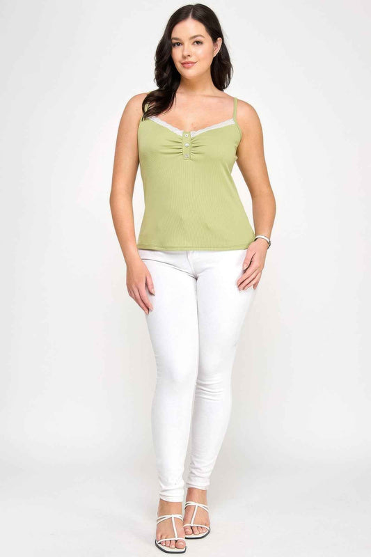 Plus Size Ribbed Knit Camisole With Lace Trim