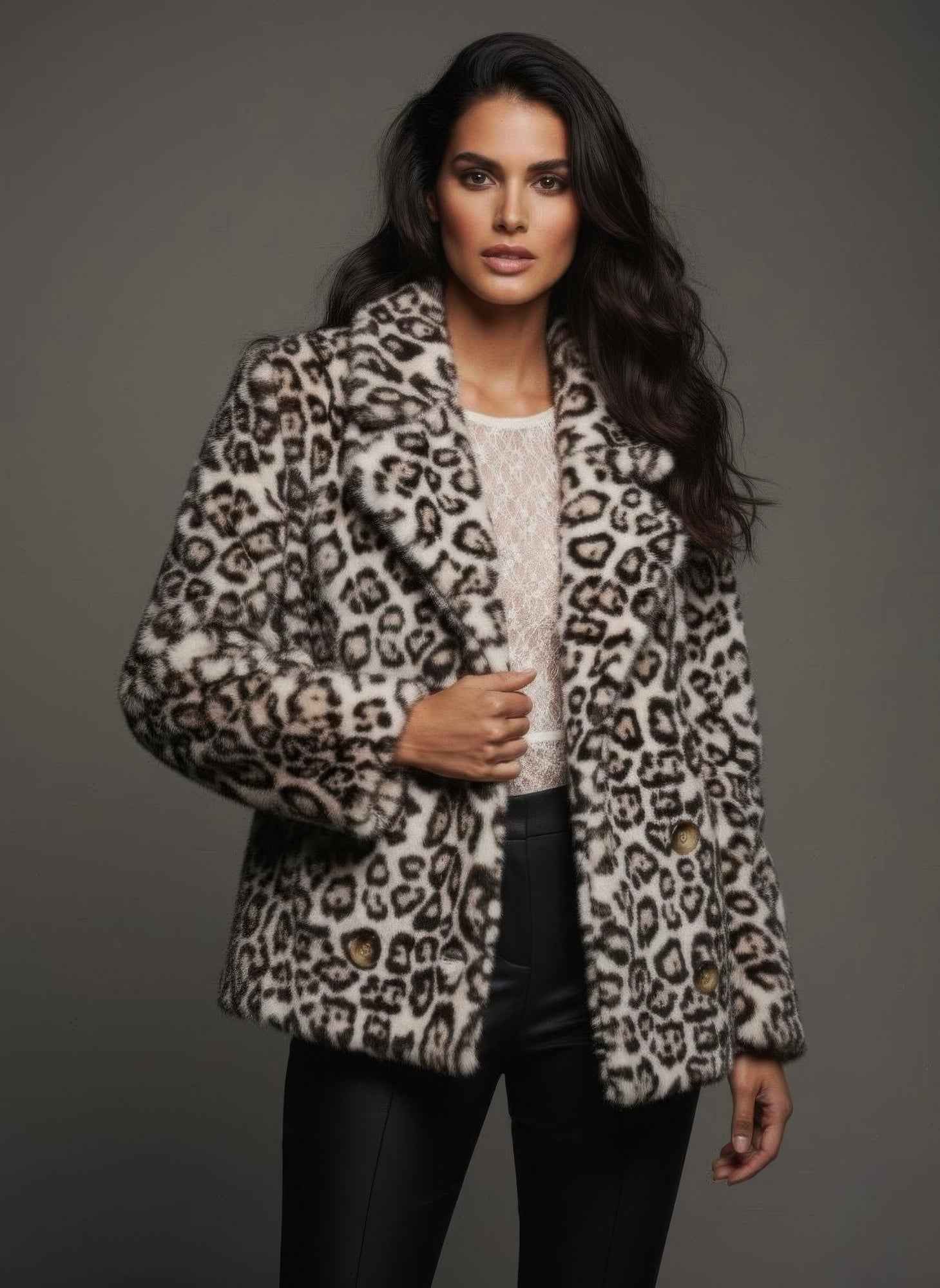 Leopard Thick Furry Coat Women's With Collar