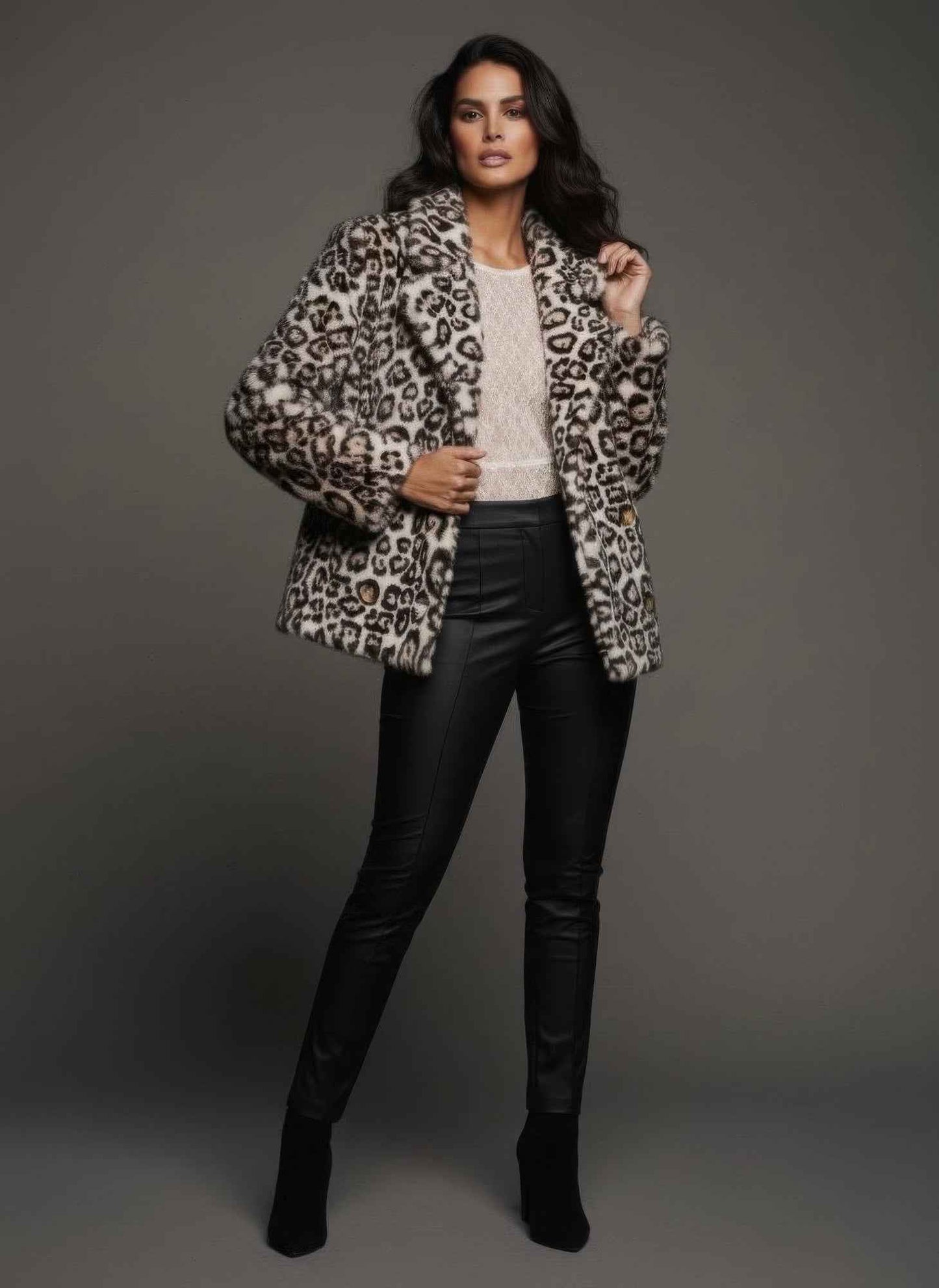 Leopard Thick Furry Coat Women's With Collar