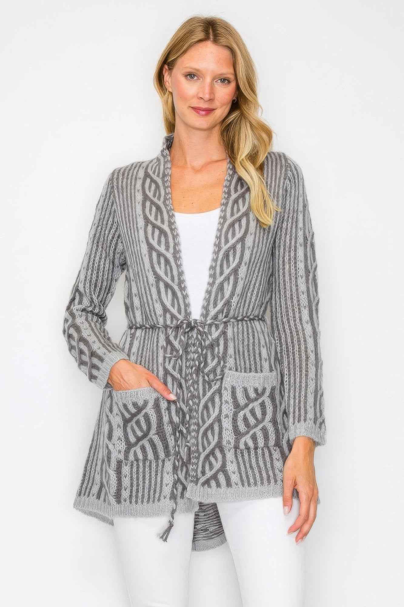 Open Wool Cardigan With Belt String & Front Pocket