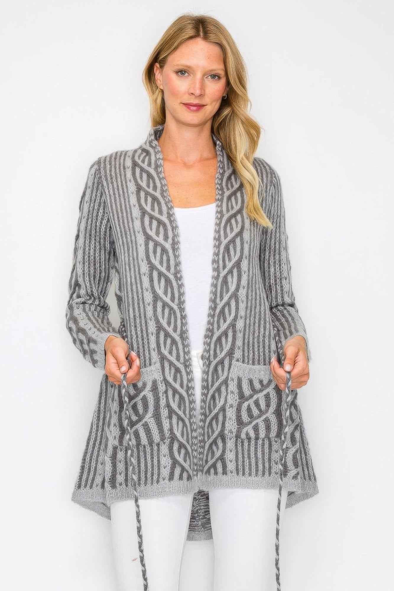 Open Wool Cardigan With Belt String & Front Pocket