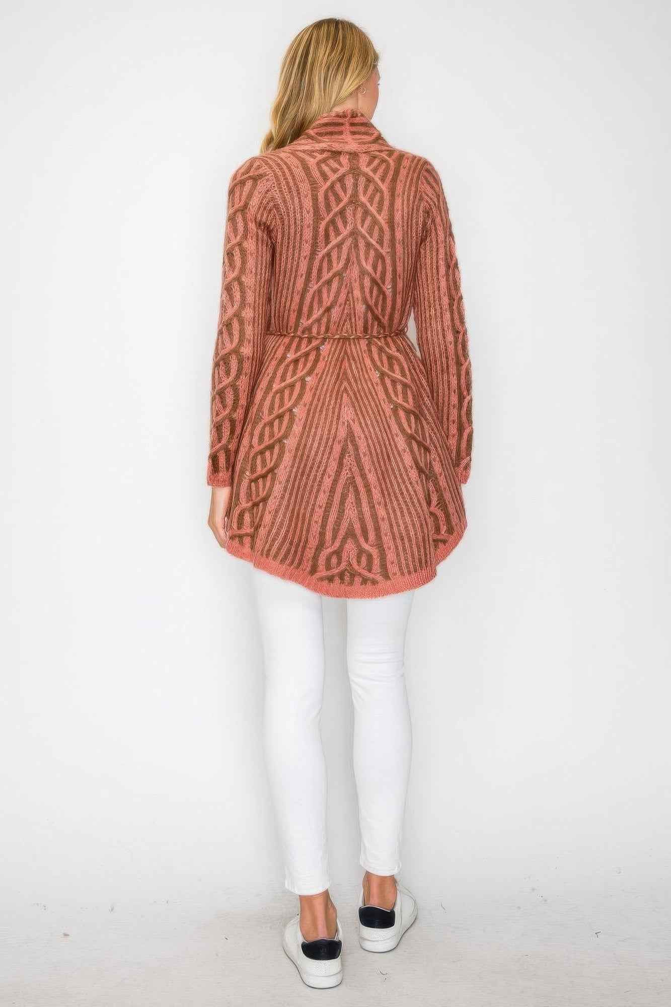 Open Wool Cardigan With Belt String & Front Pocket