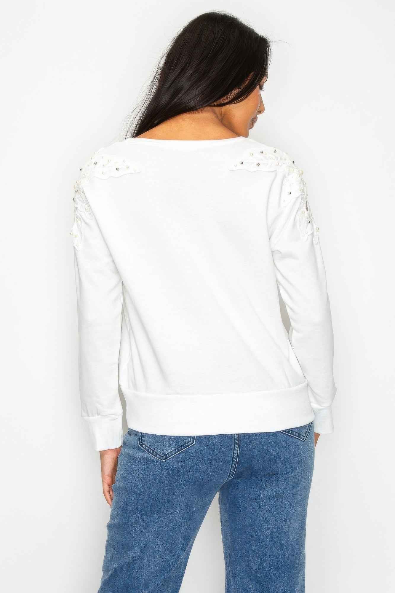 Solid Pear Bead Flower Patch Cut Out Sweatshirt