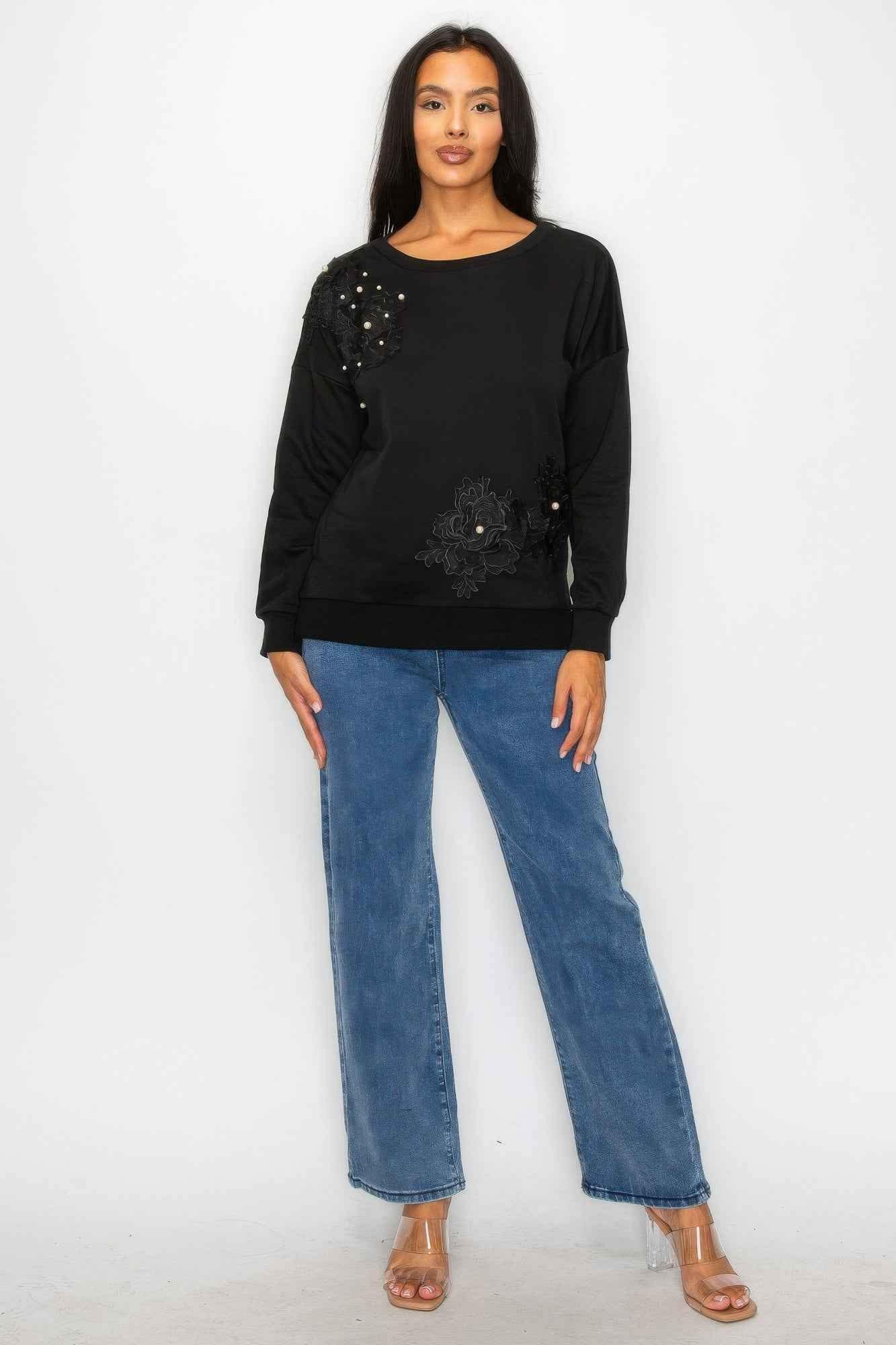 Faux Pearl Beaded Floral Patch Crewneck Sweatshirt