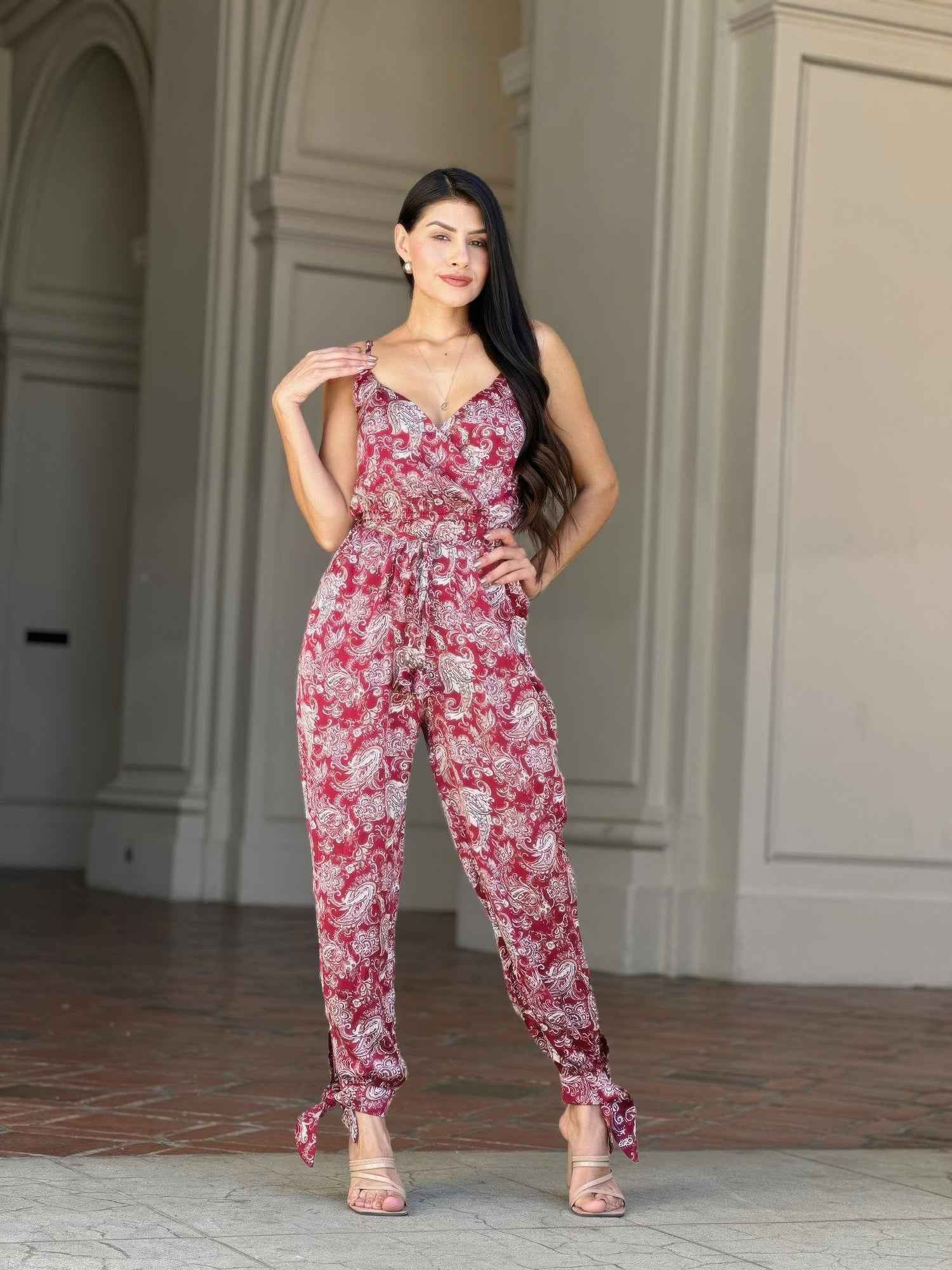 V Neck Sleeveless Paisley Jumpsuit With Tie Waist
