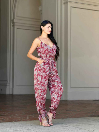 V Neck Sleeveless Paisley Jumpsuit With Tie Waist