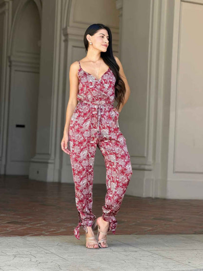 V Neck Sleeveless Paisley Jumpsuit With Tie Waist