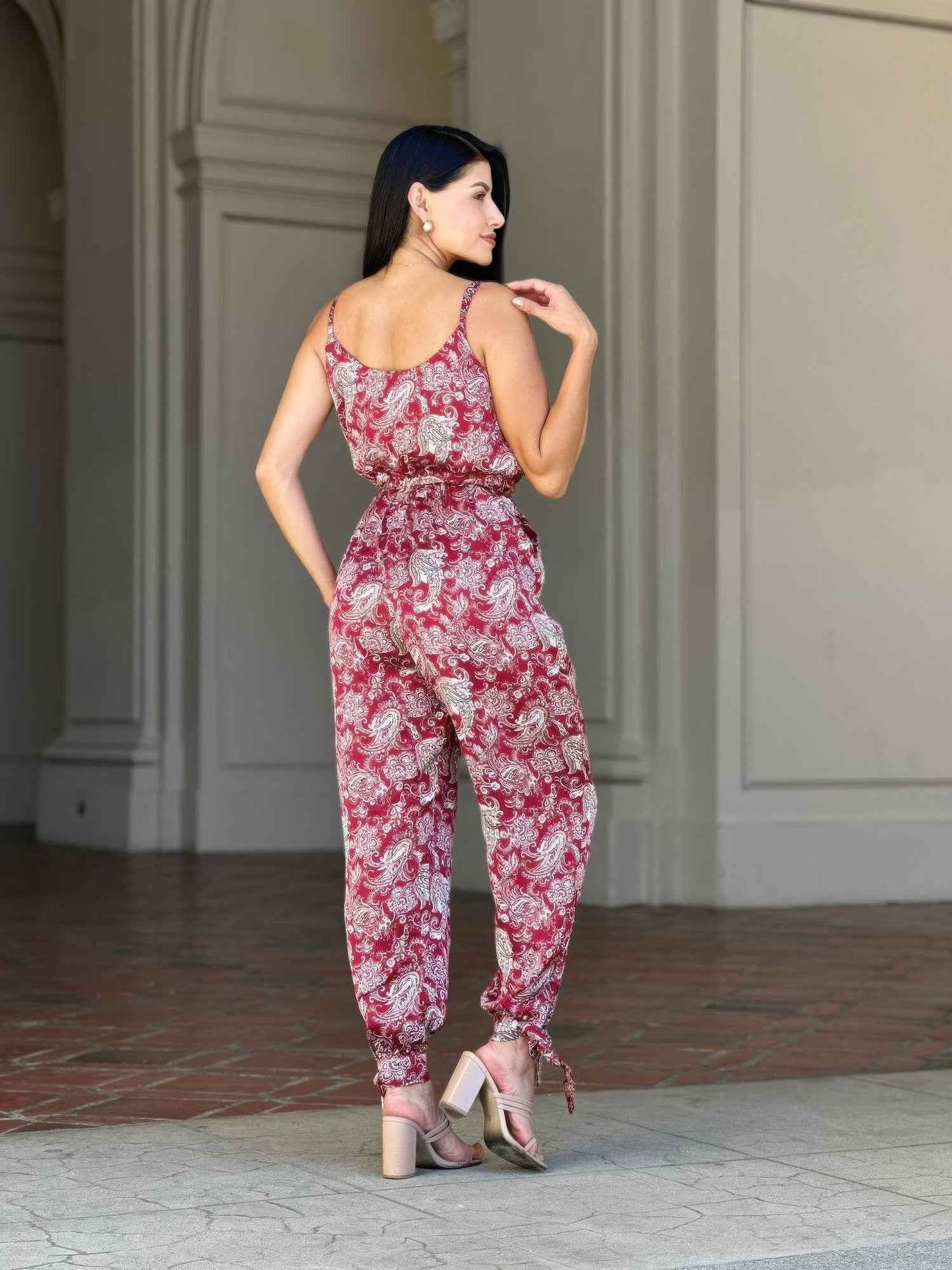 V Neck Sleeveless Paisley Jumpsuit With Tie Waist