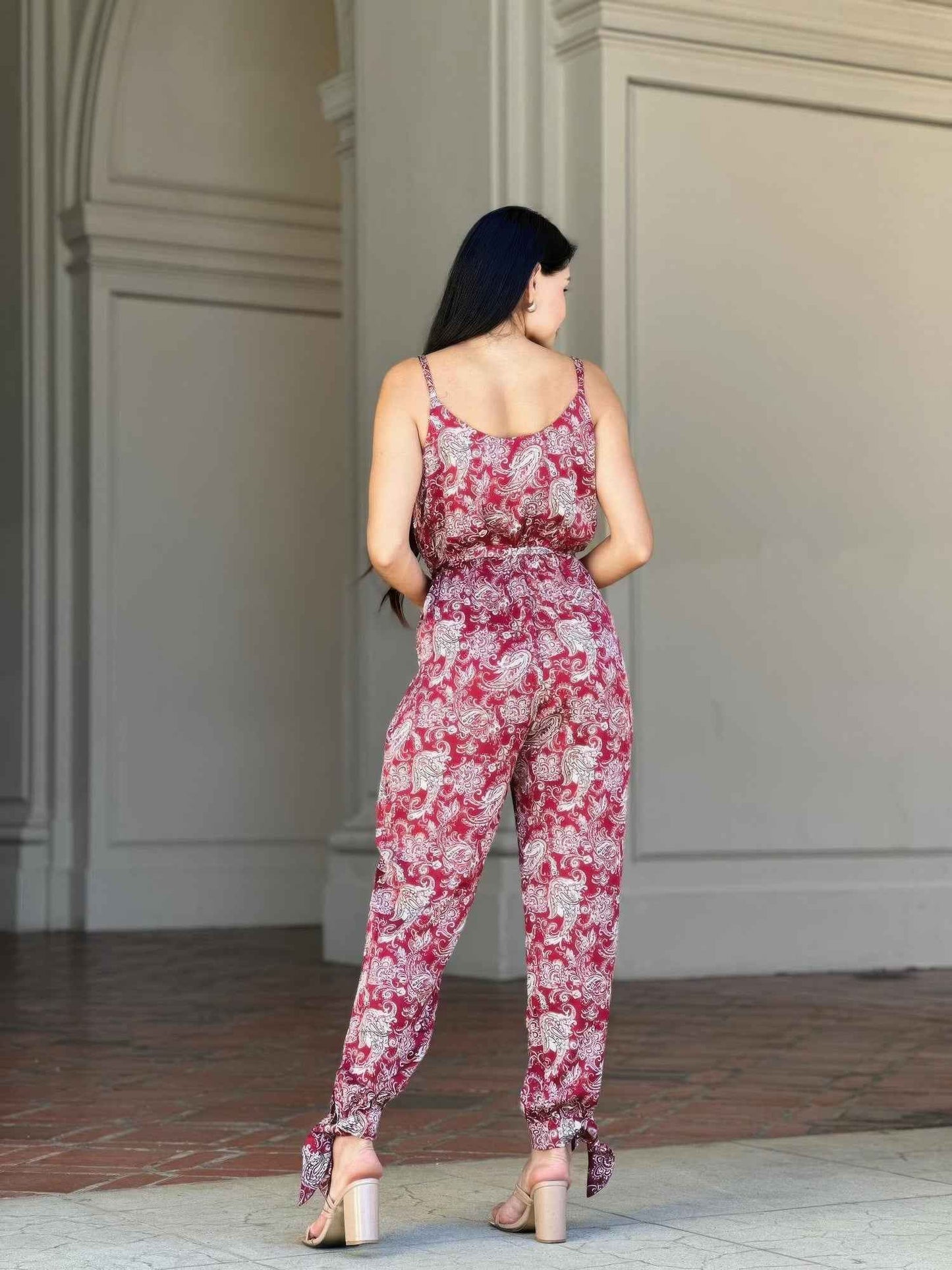 V Neck Sleeveless Paisley Jumpsuit With Tie Waist
