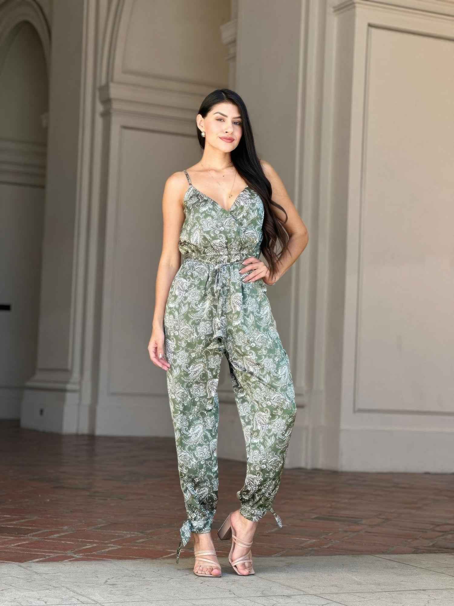 V Neck Sleeveless Paisley Jumpsuit With Tie Waist