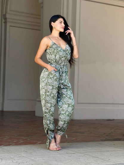 V Neck Sleeveless Paisley Jumpsuit With Tie Waist