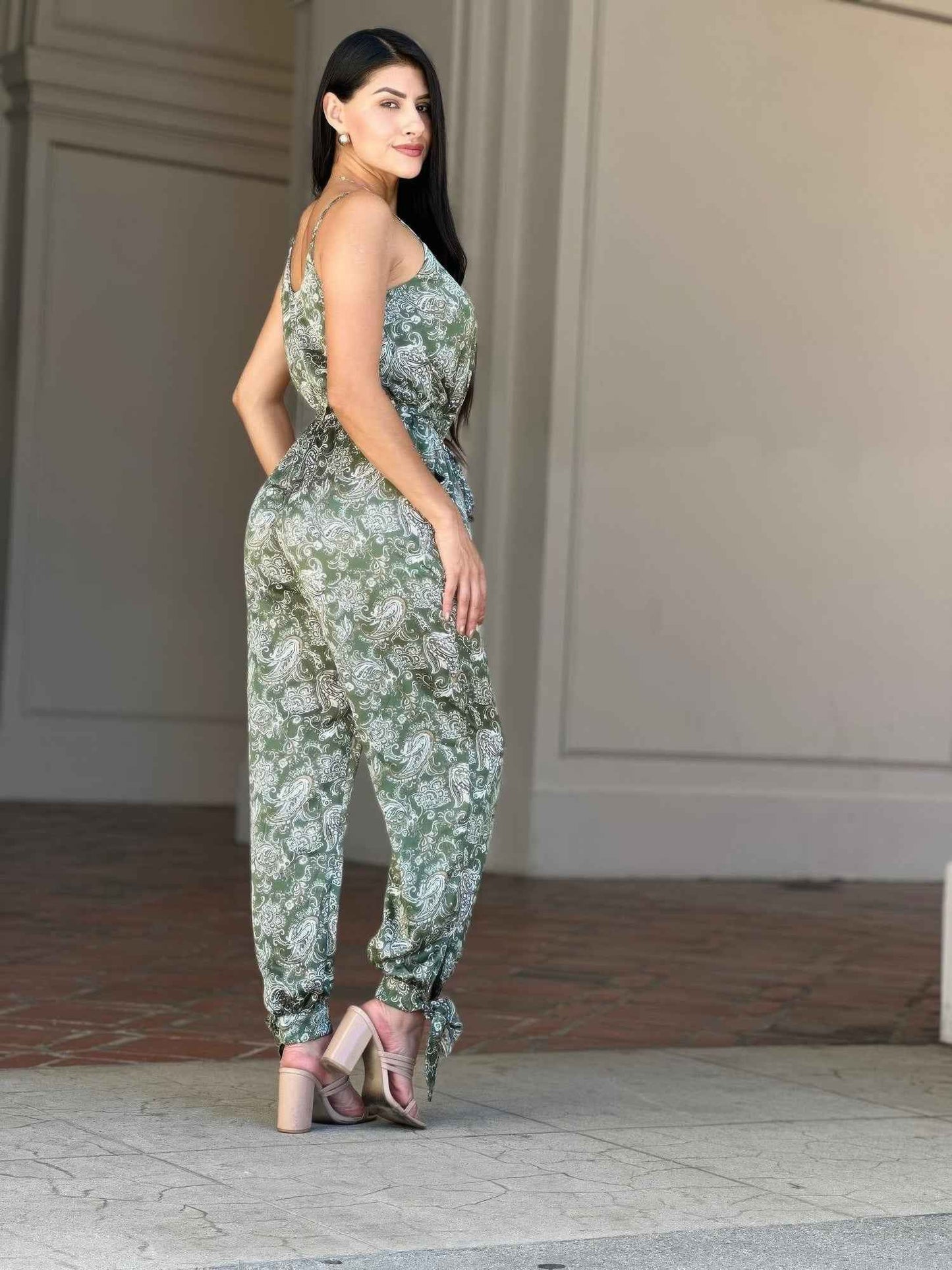 V Neck Sleeveless Paisley Jumpsuit With Tie Waist
