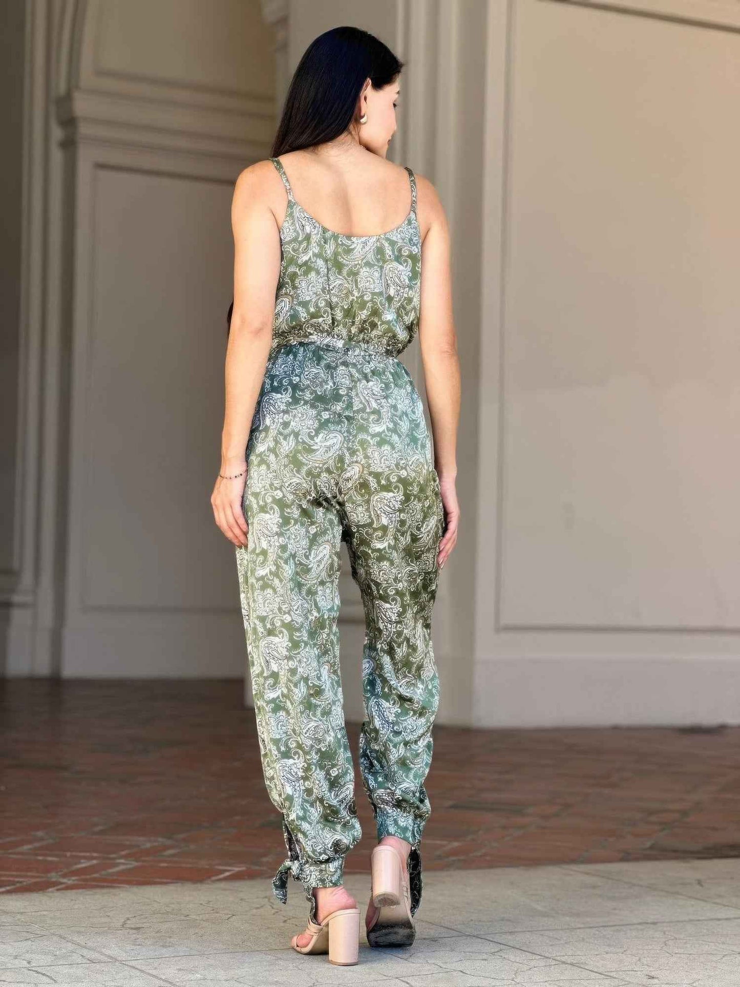 V Neck Sleeveless Paisley Jumpsuit With Tie Waist