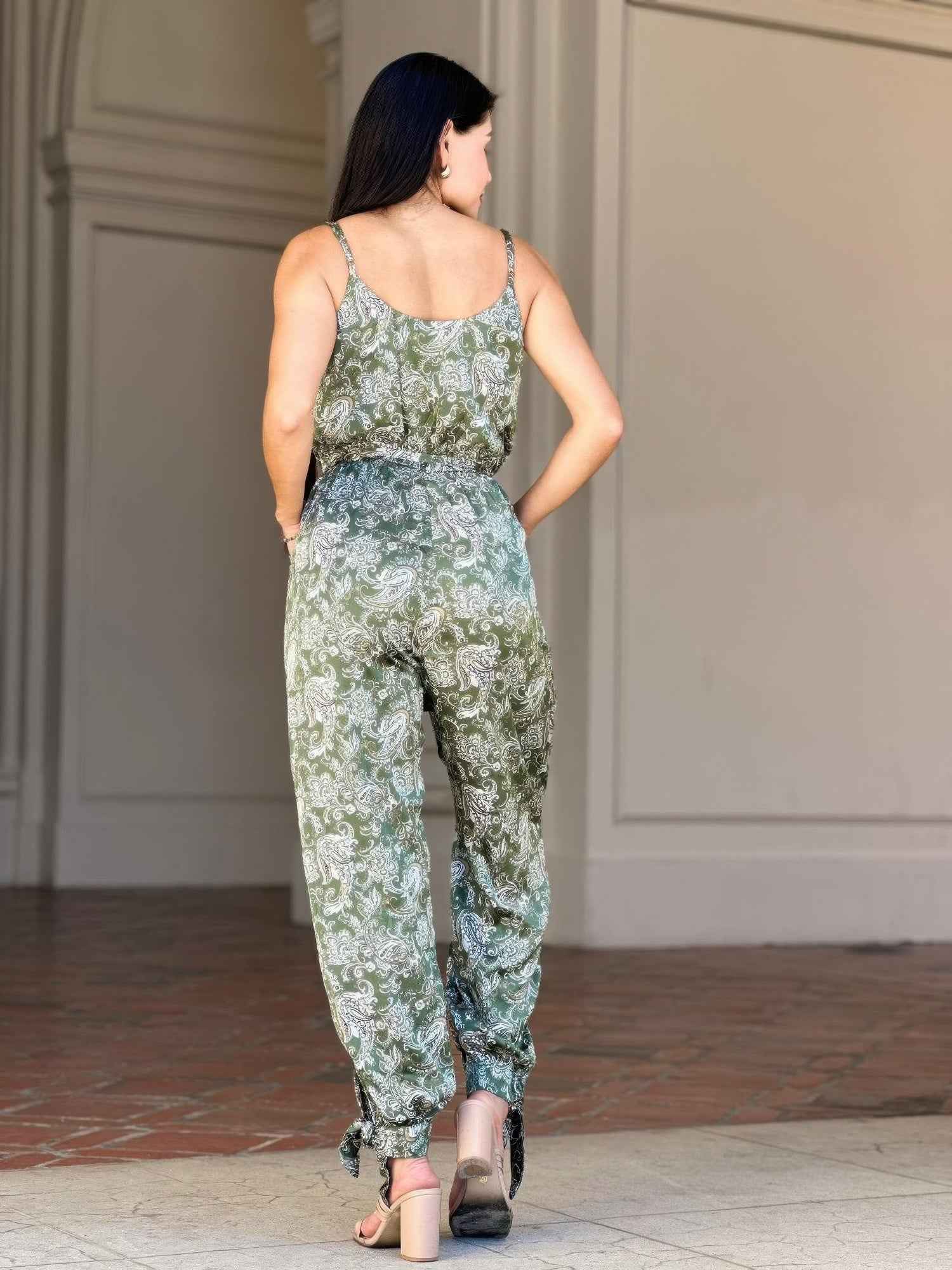 V Neck Sleeveless Paisley Jumpsuit With Tie Waist