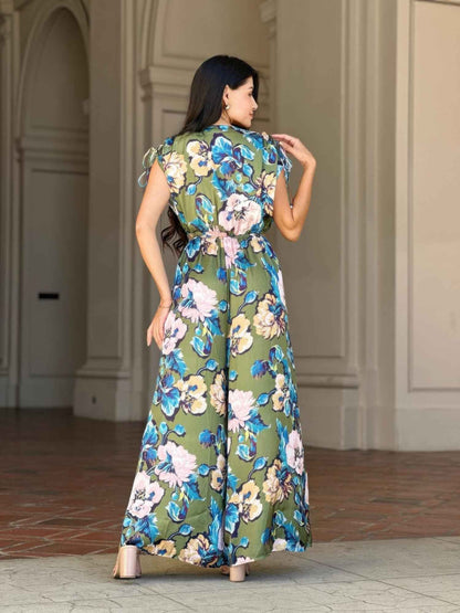 Satin Floral Cut Out Straight Leg Jumpsuit