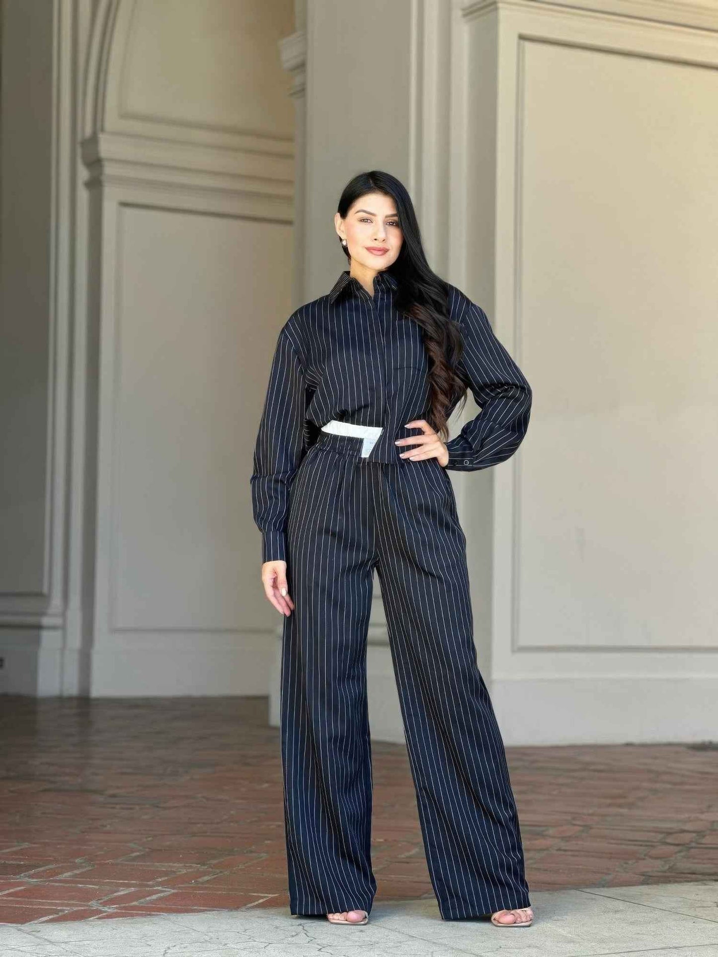 Striped Set With Double Waistband Pants And Top