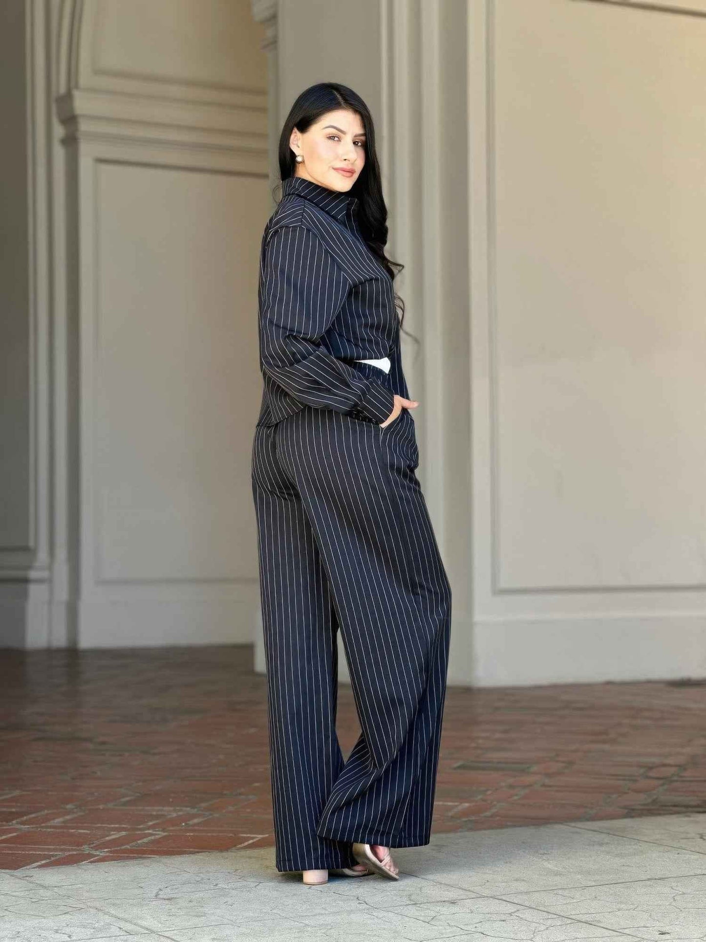 Striped Set With Double Waistband Pants And Top