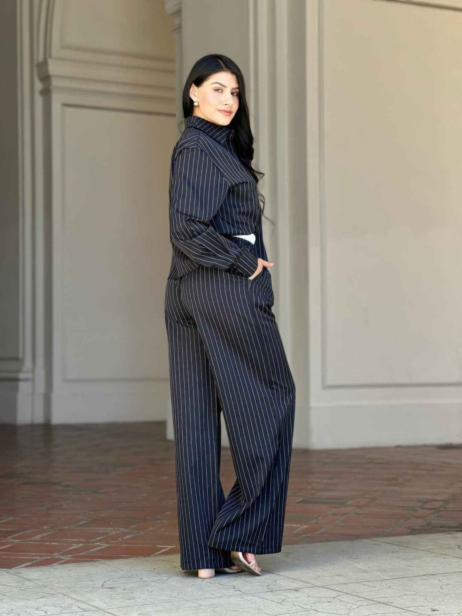 Striped Set With Double Waistband Pants And Top