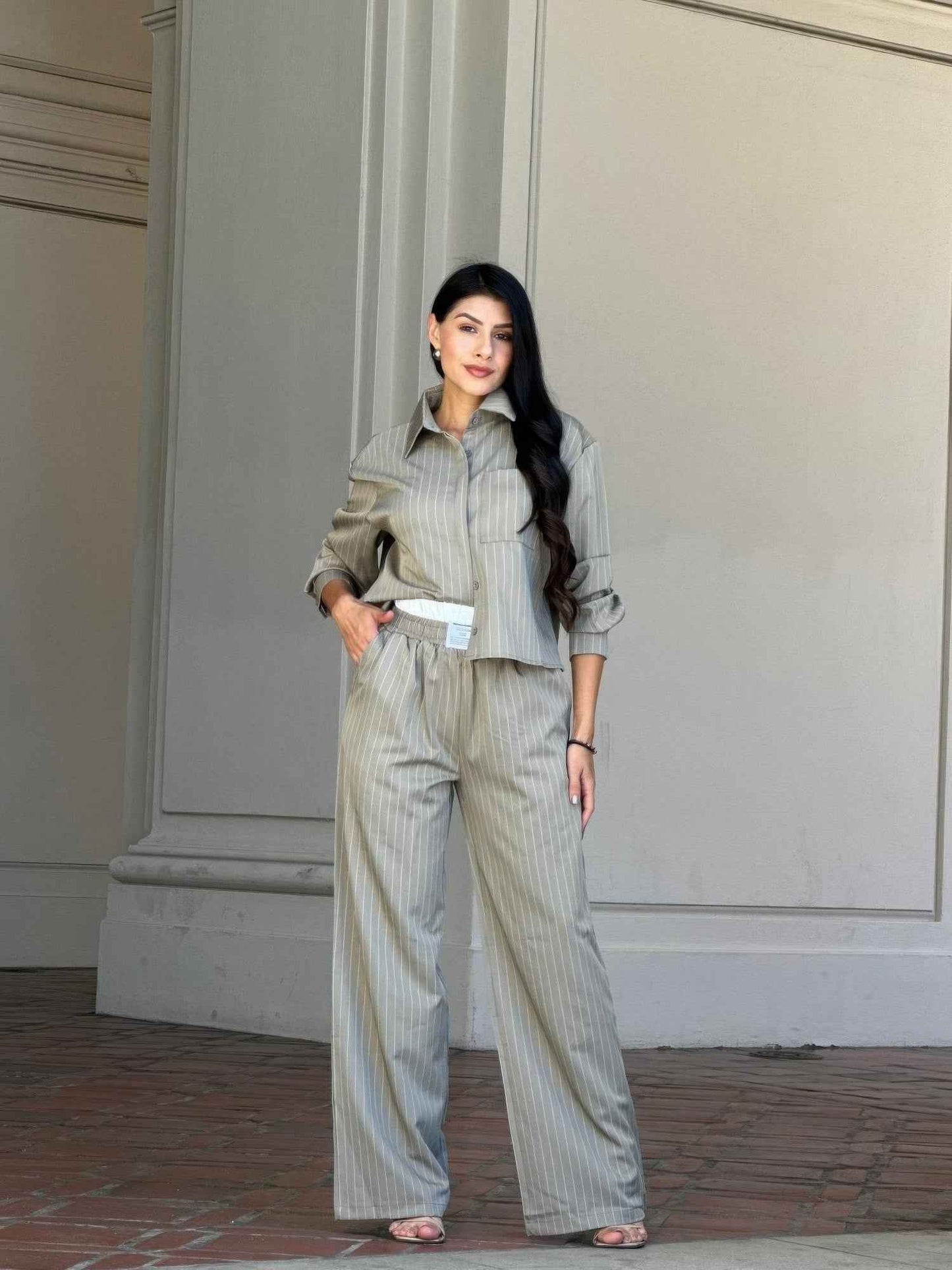 Striped Set With Double Waistband Pants And Top