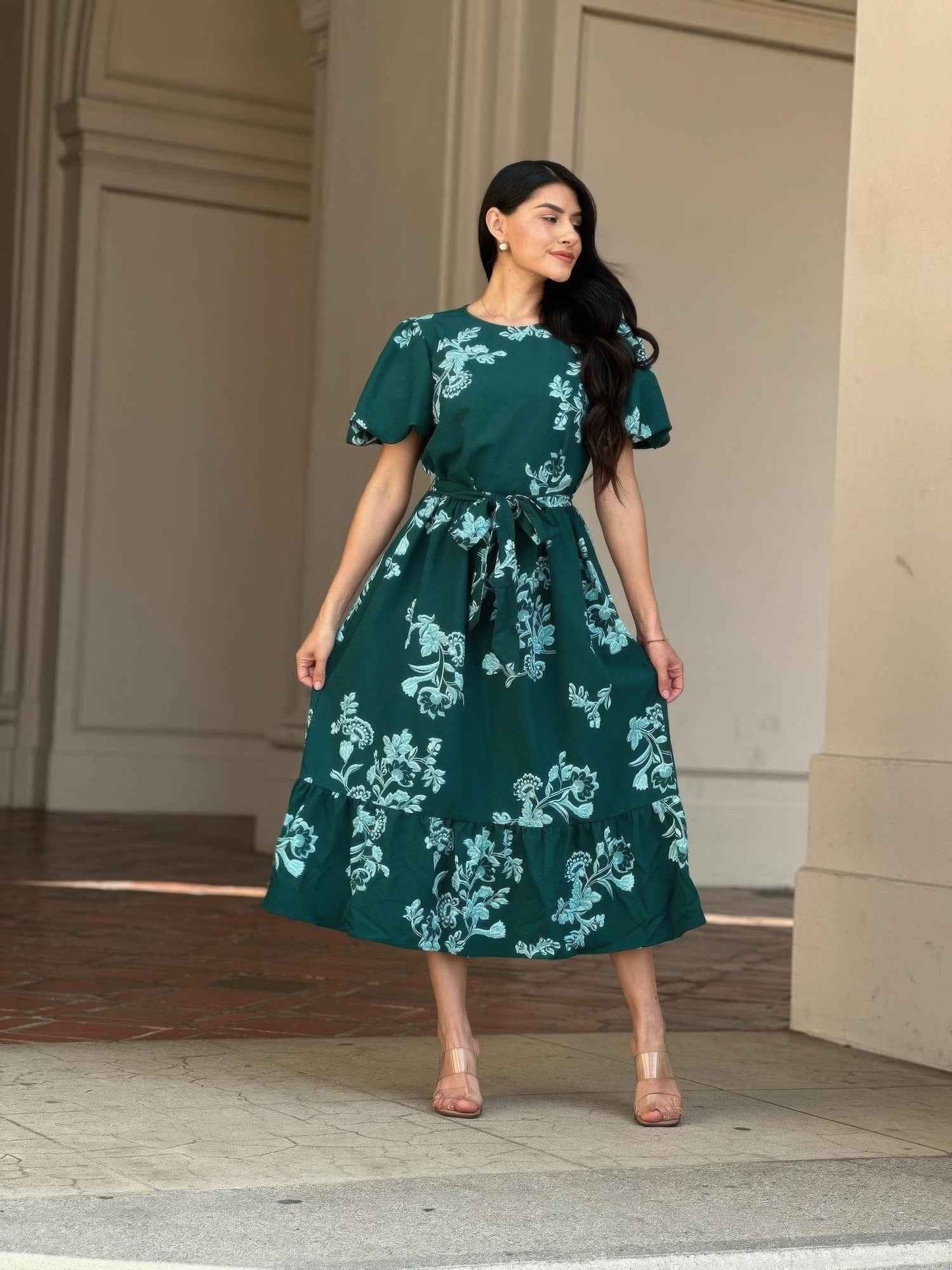 Belted Flare Floral Print Cap Sleeve Midi Dress