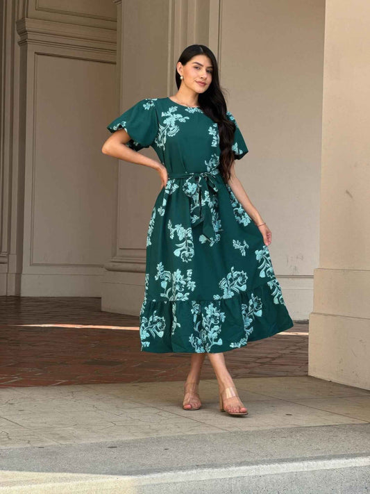 Belted Flare Floral Print Cap Sleeve Midi Dress