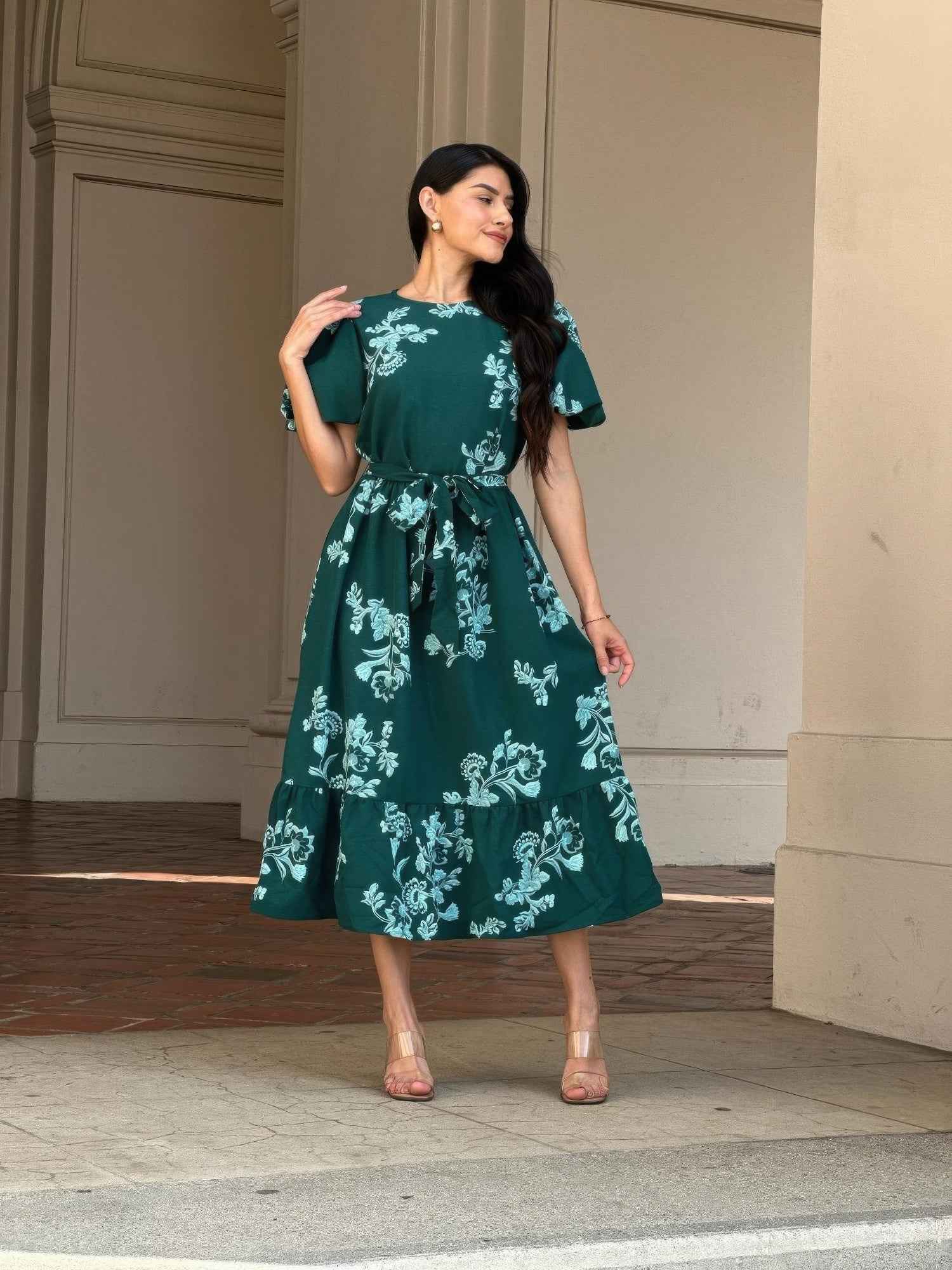 Belted Flare Floral Print Cap Sleeve Midi Dress