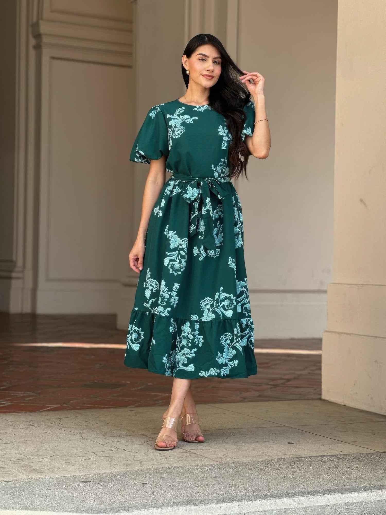 Belted Flare Floral Print Cap Sleeve Midi Dress
