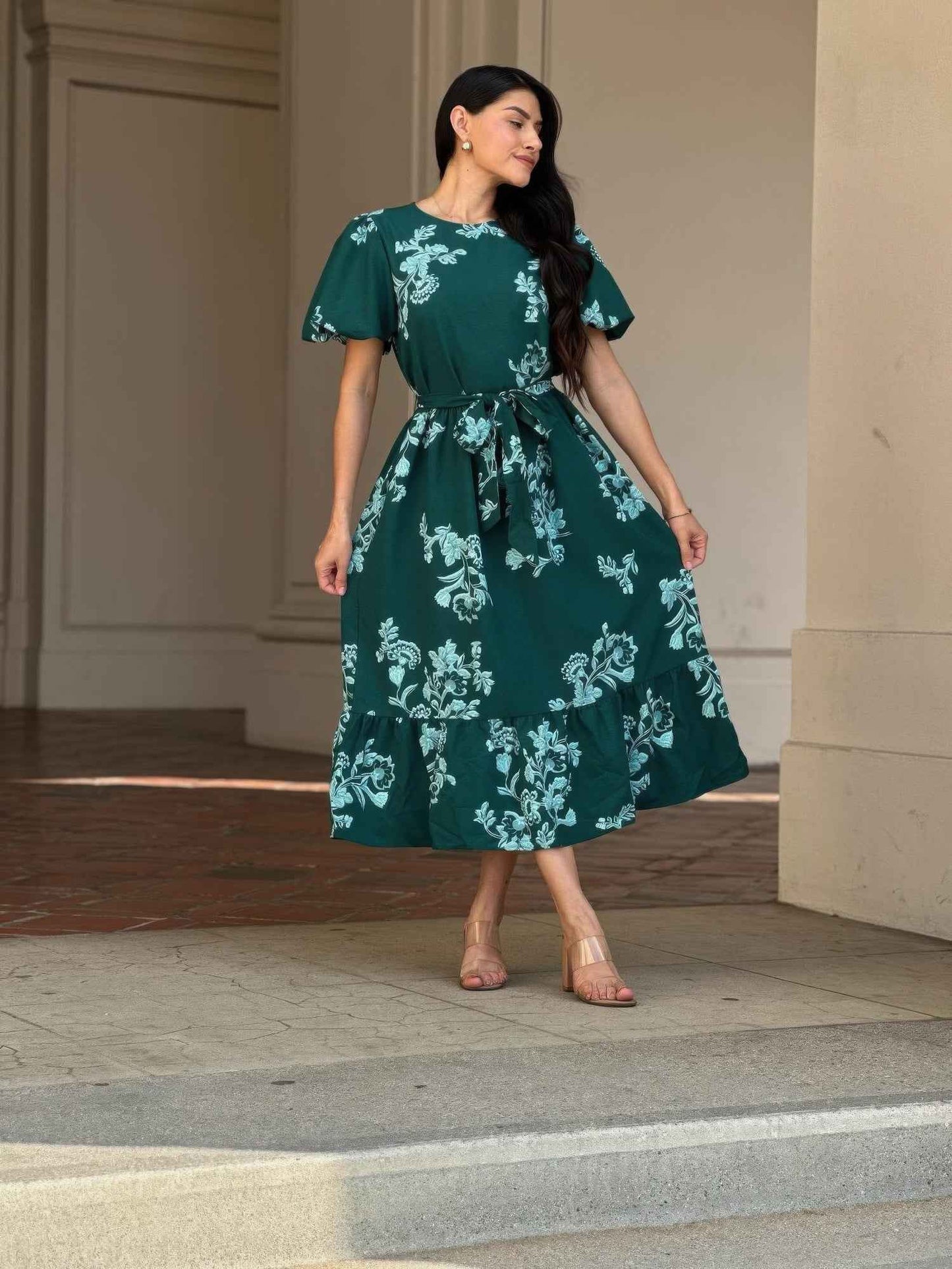 Belted Flare Floral Print Cap Sleeve Midi Dress