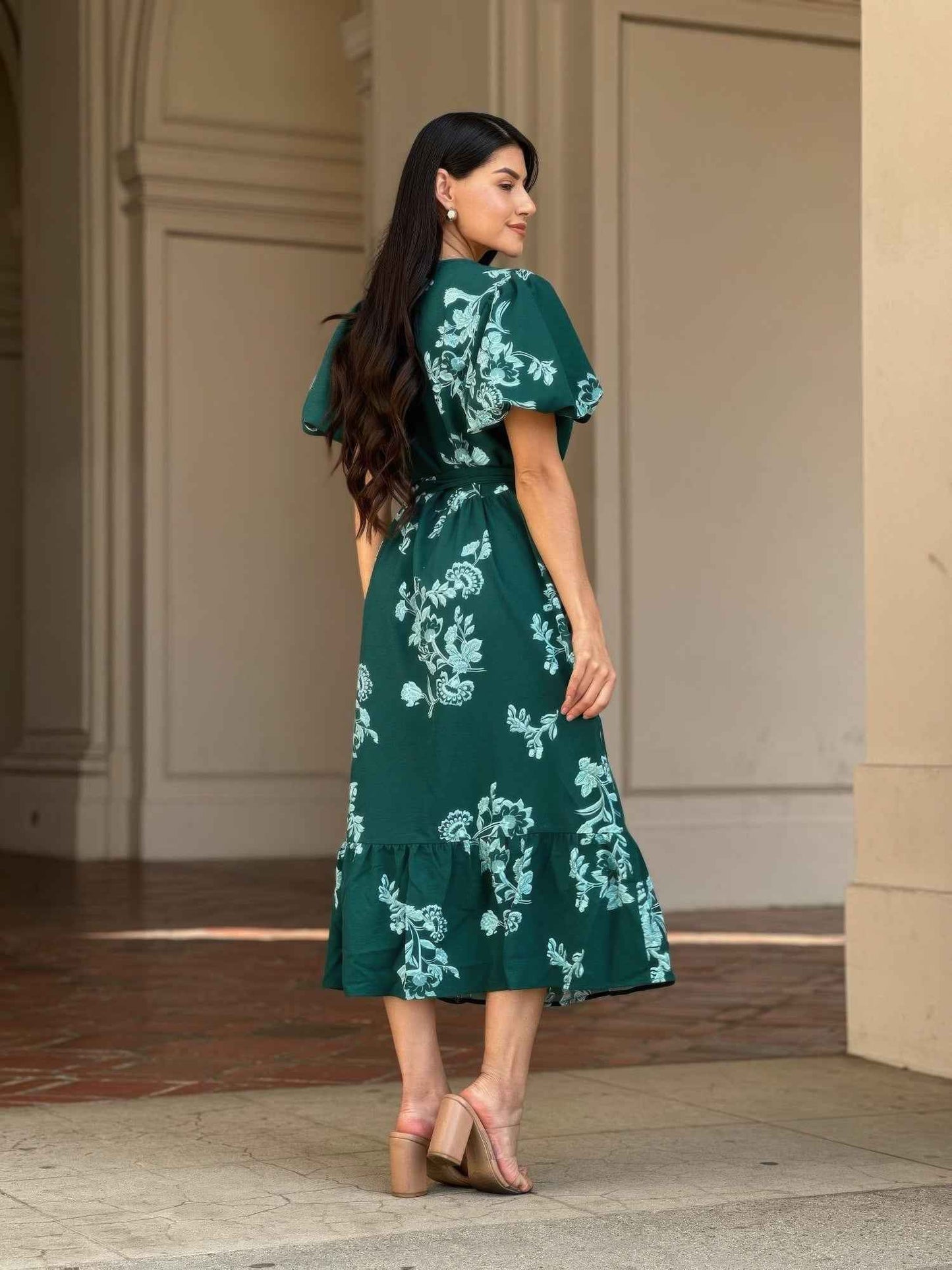 Belted Flare Floral Print Cap Sleeve Midi Dress