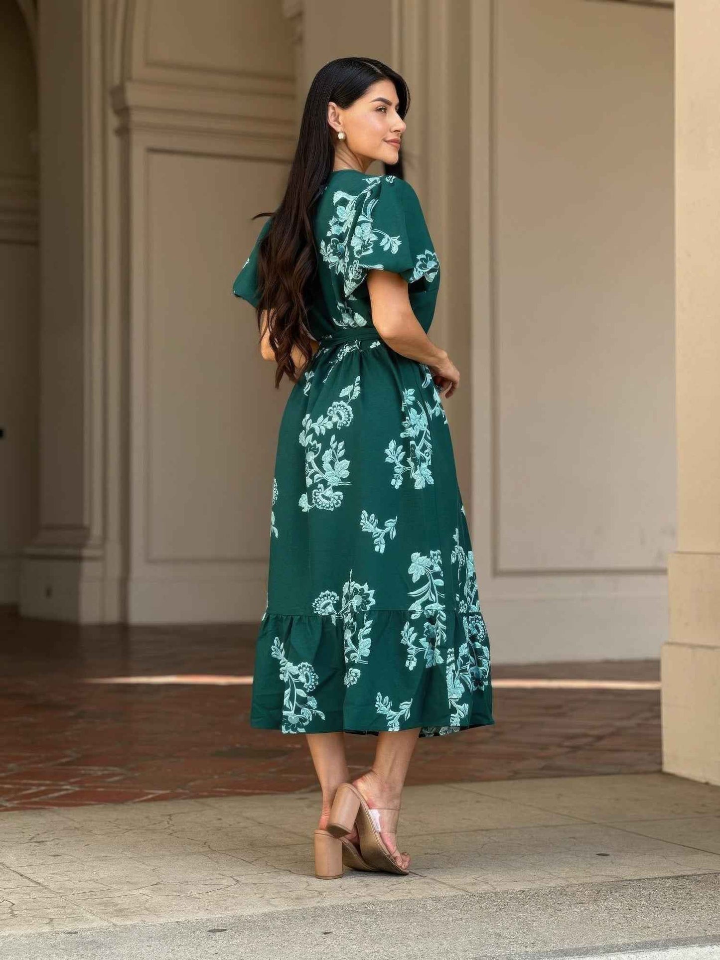 Belted Flare Floral Print Cap Sleeve Midi Dress