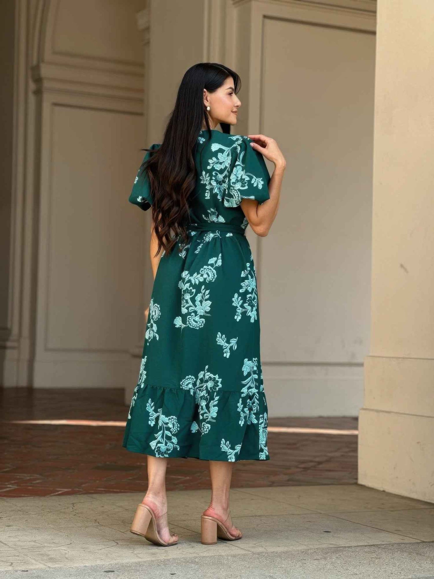 Belted Flare Floral Print Cap Sleeve Midi Dress