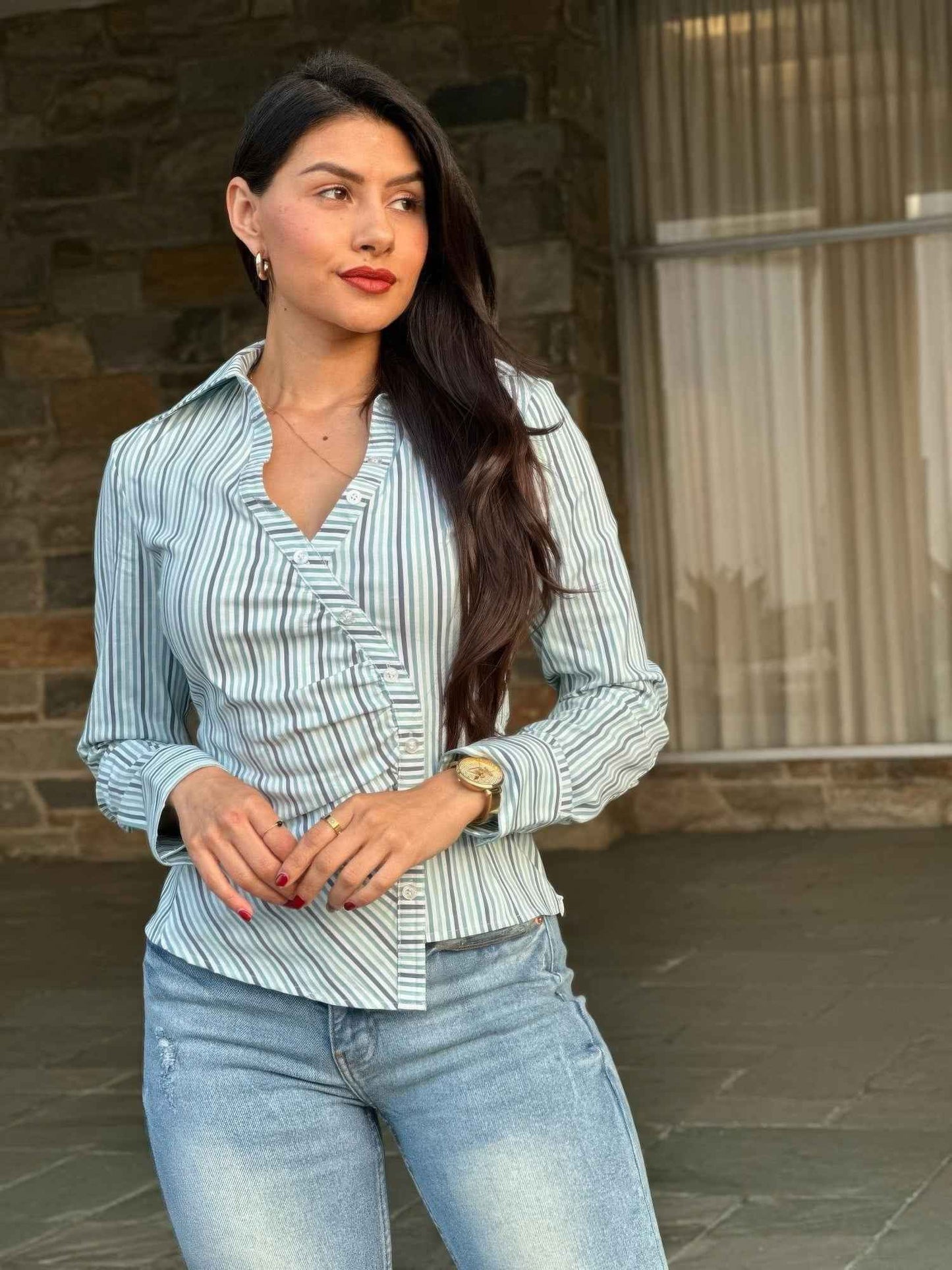 Stripe Asymmetric Button-down Detail Ls Blouse