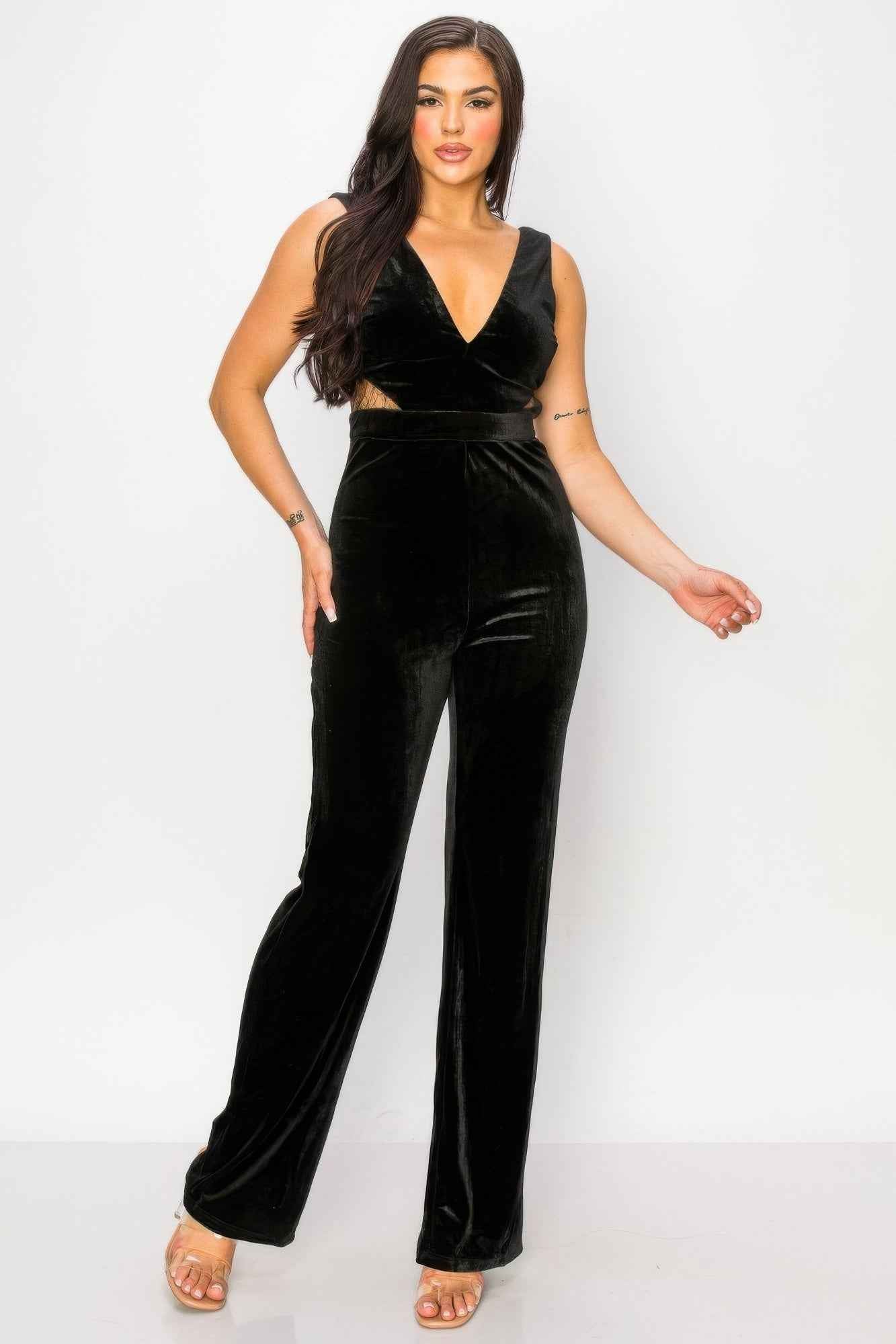 Luxurious Ease Black Lace Cut Out Velvet Jumpsuit