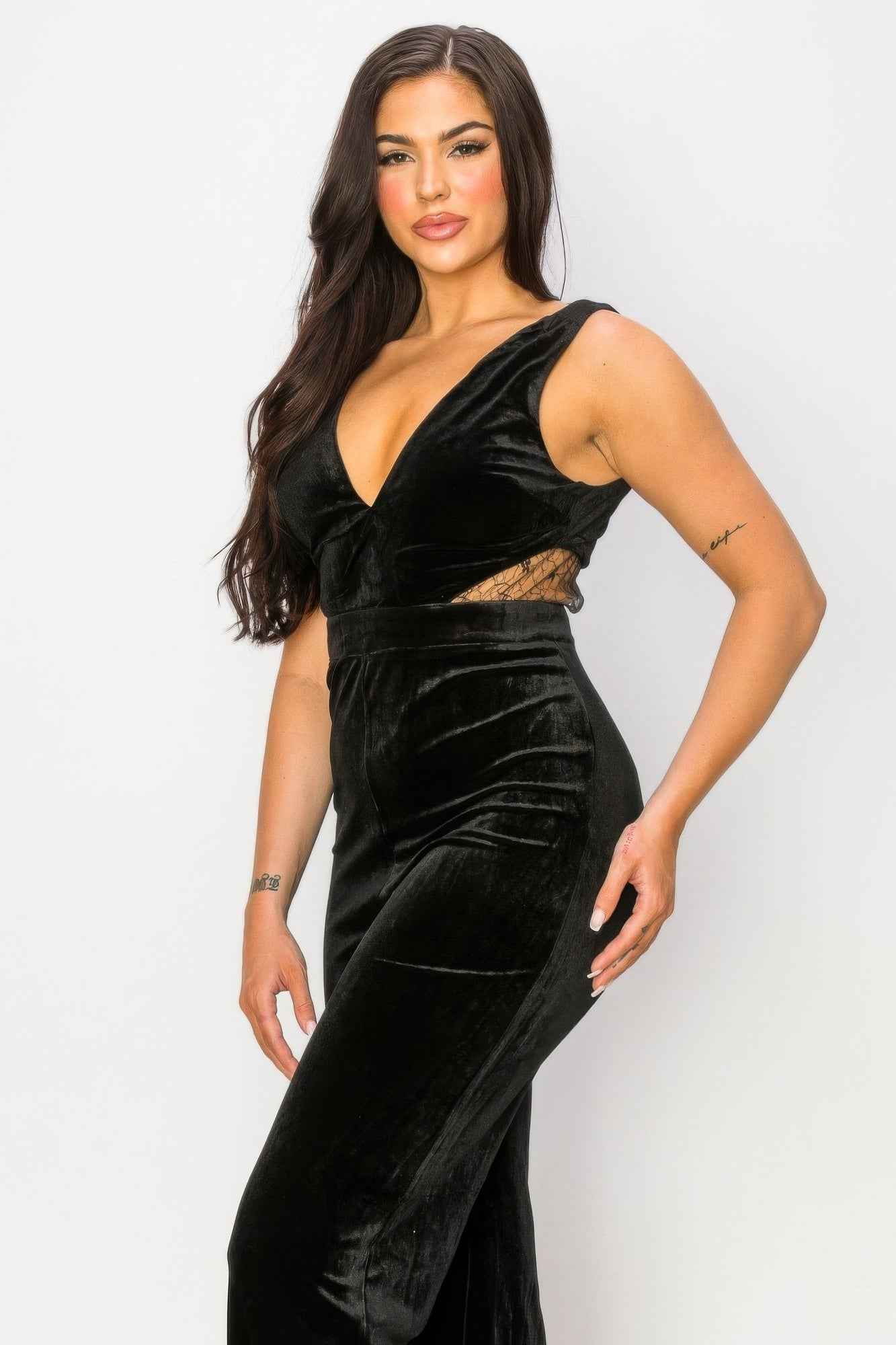 Luxurious Ease Black Lace Cut Out Velvet Jumpsuit