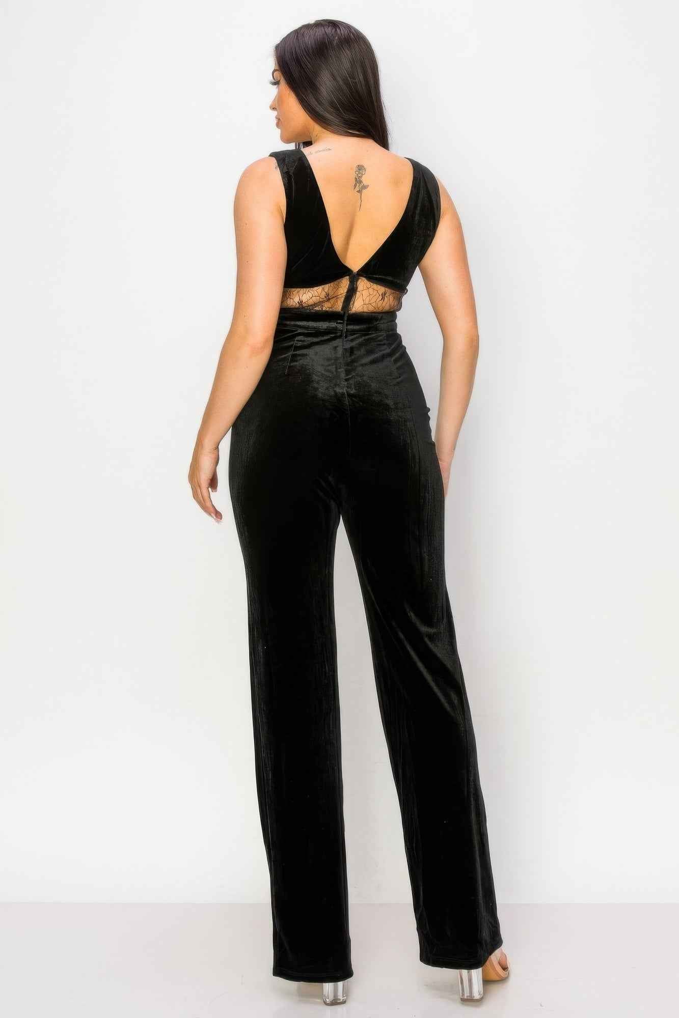 Luxurious Ease Black Lace Cut Out Velvet Jumpsuit